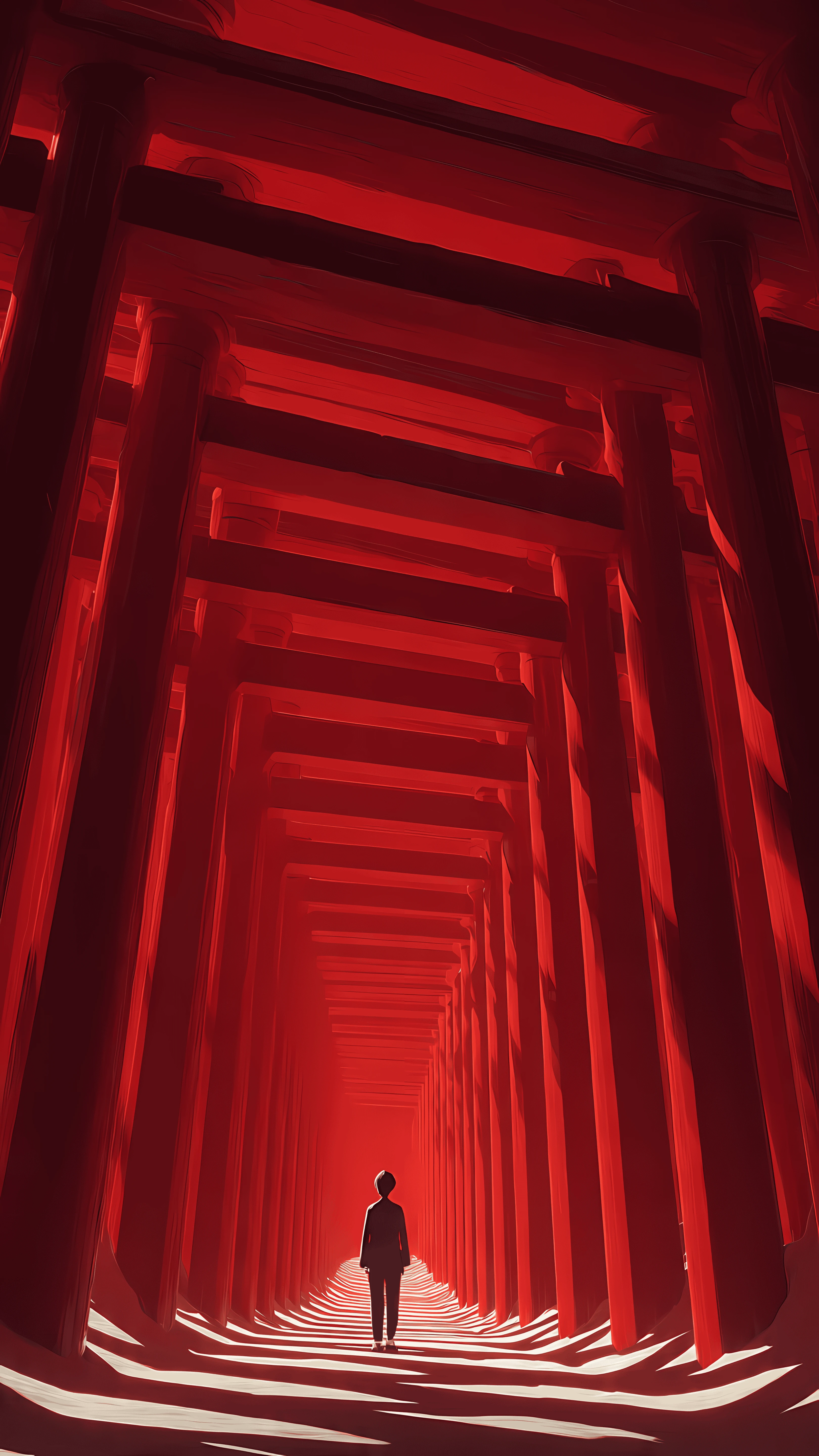 Crimson Torii Tunnel Solitary Figure in Vermilion Light 4k