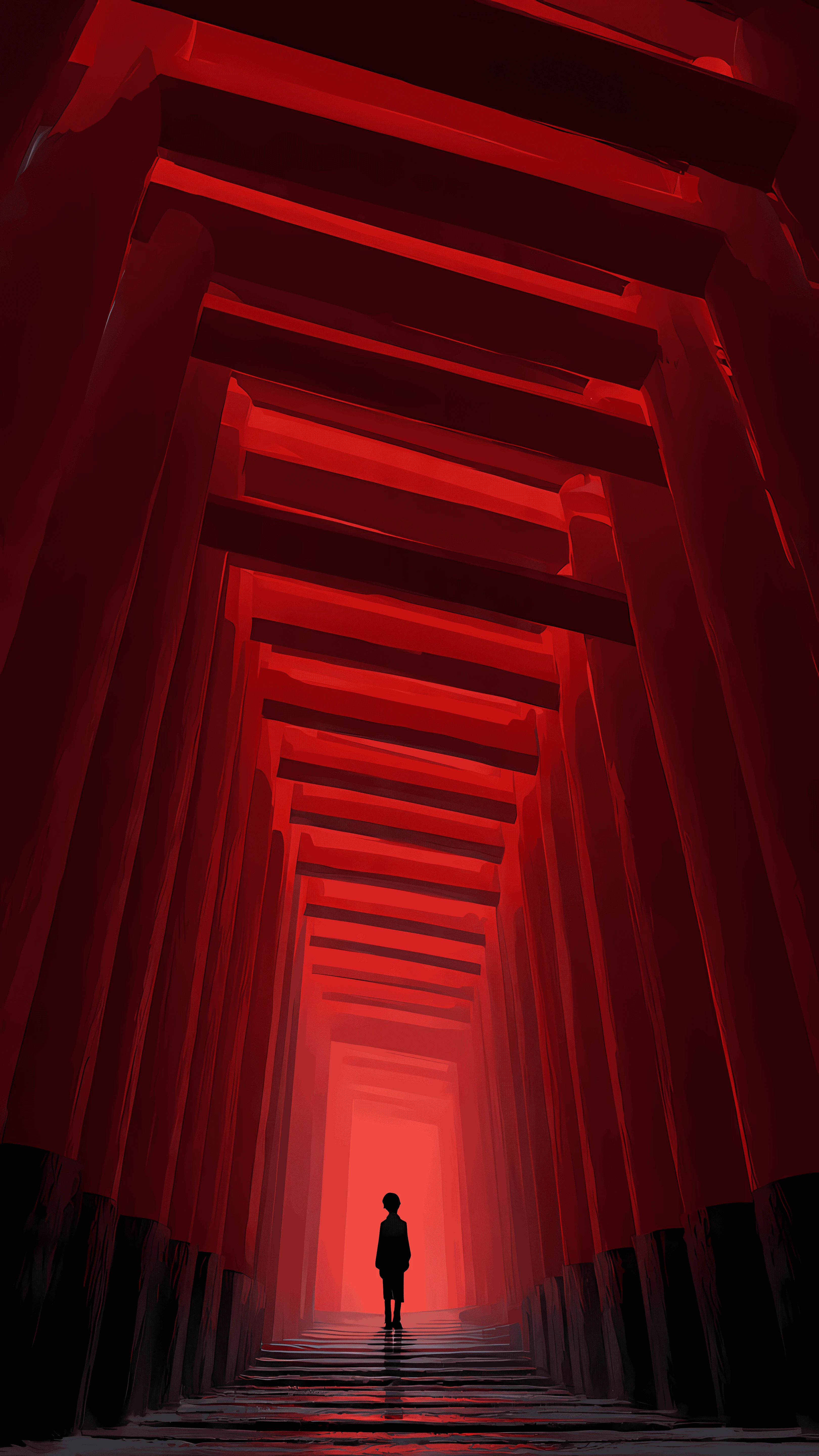 Crimson Torii Tunnel with Distant Figure