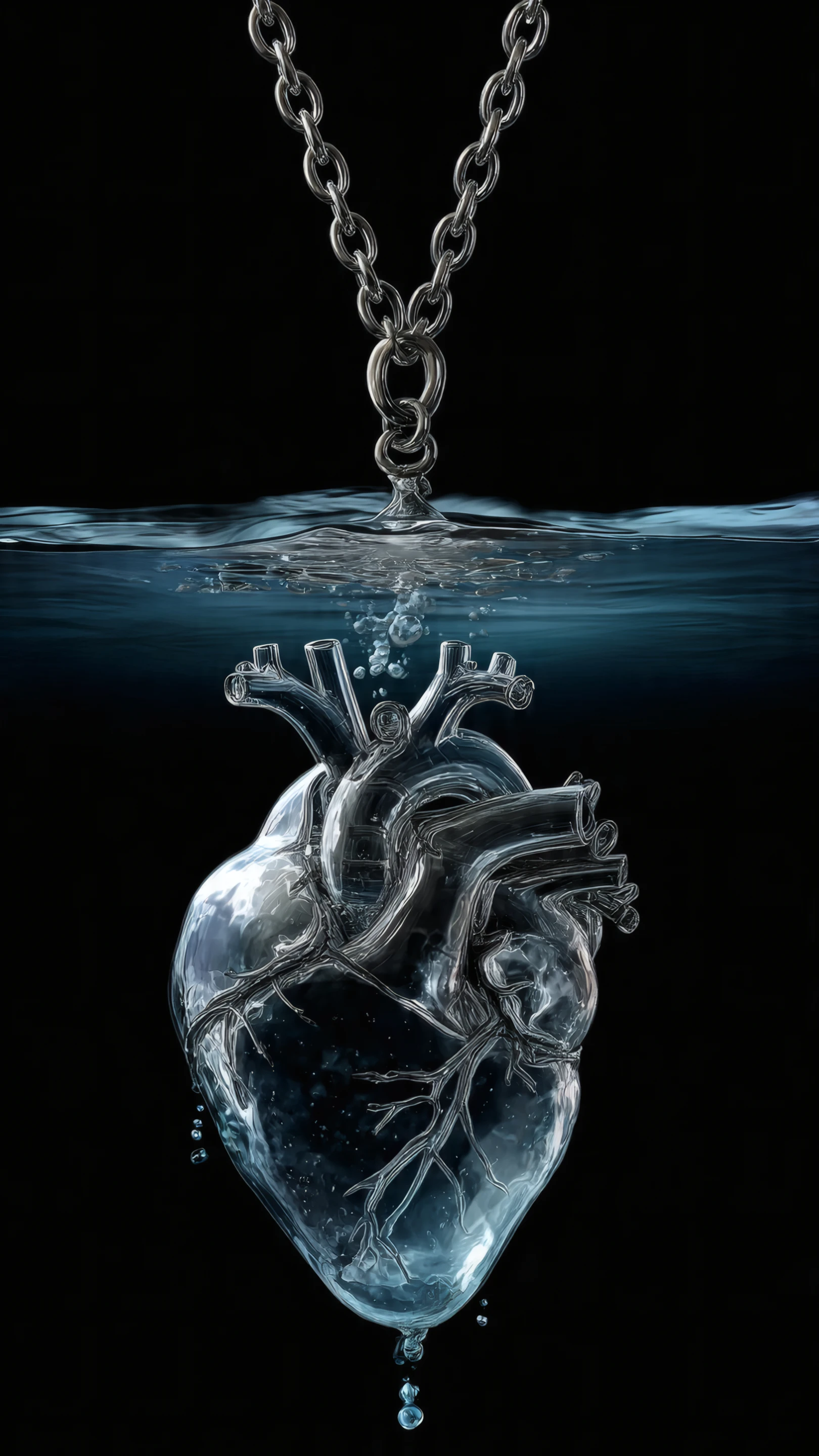 Crystal Heart Pendant Submerged in Water with Chain