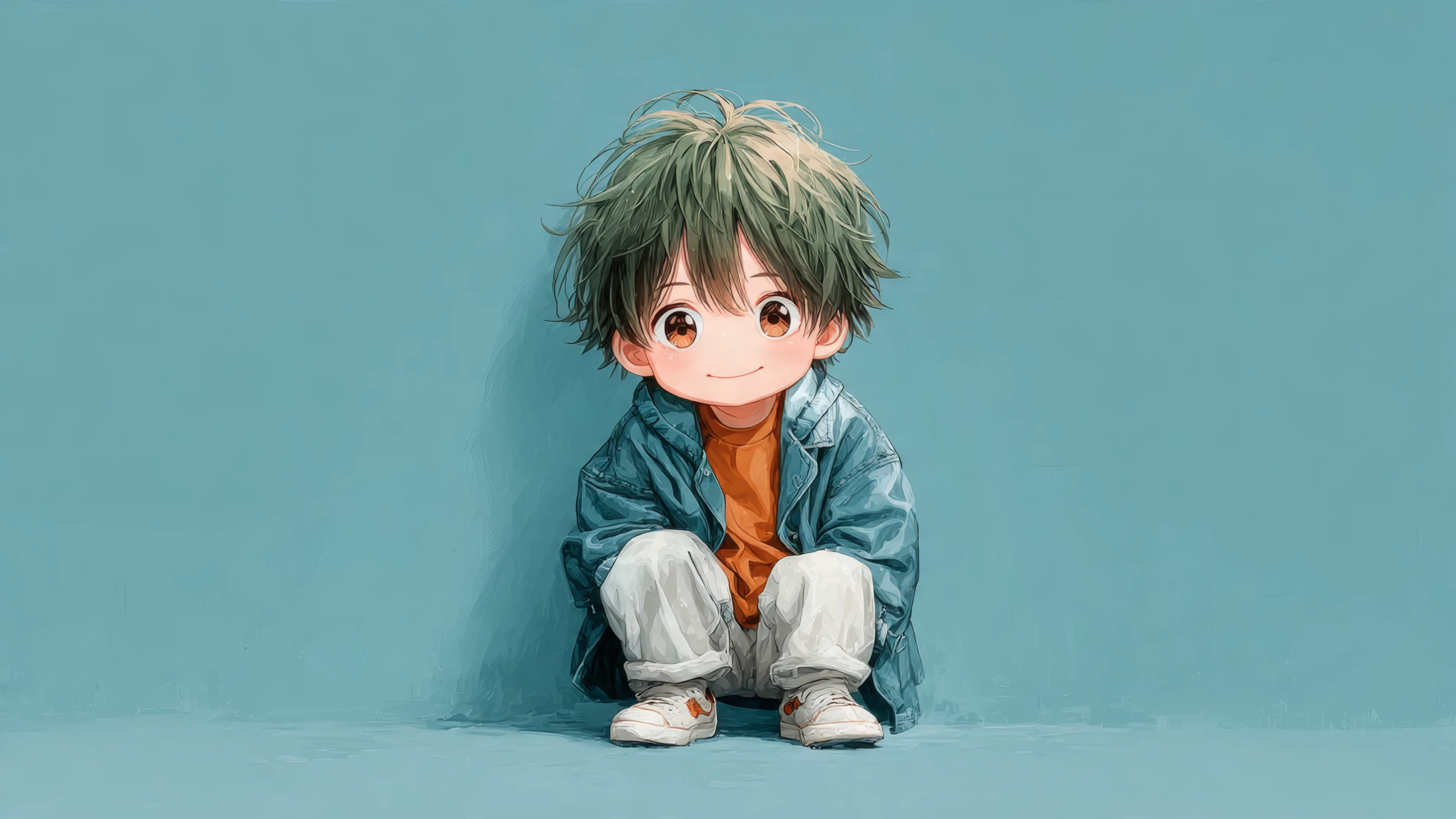 Cute Anime Boy with Green Hair in Denim Jacket