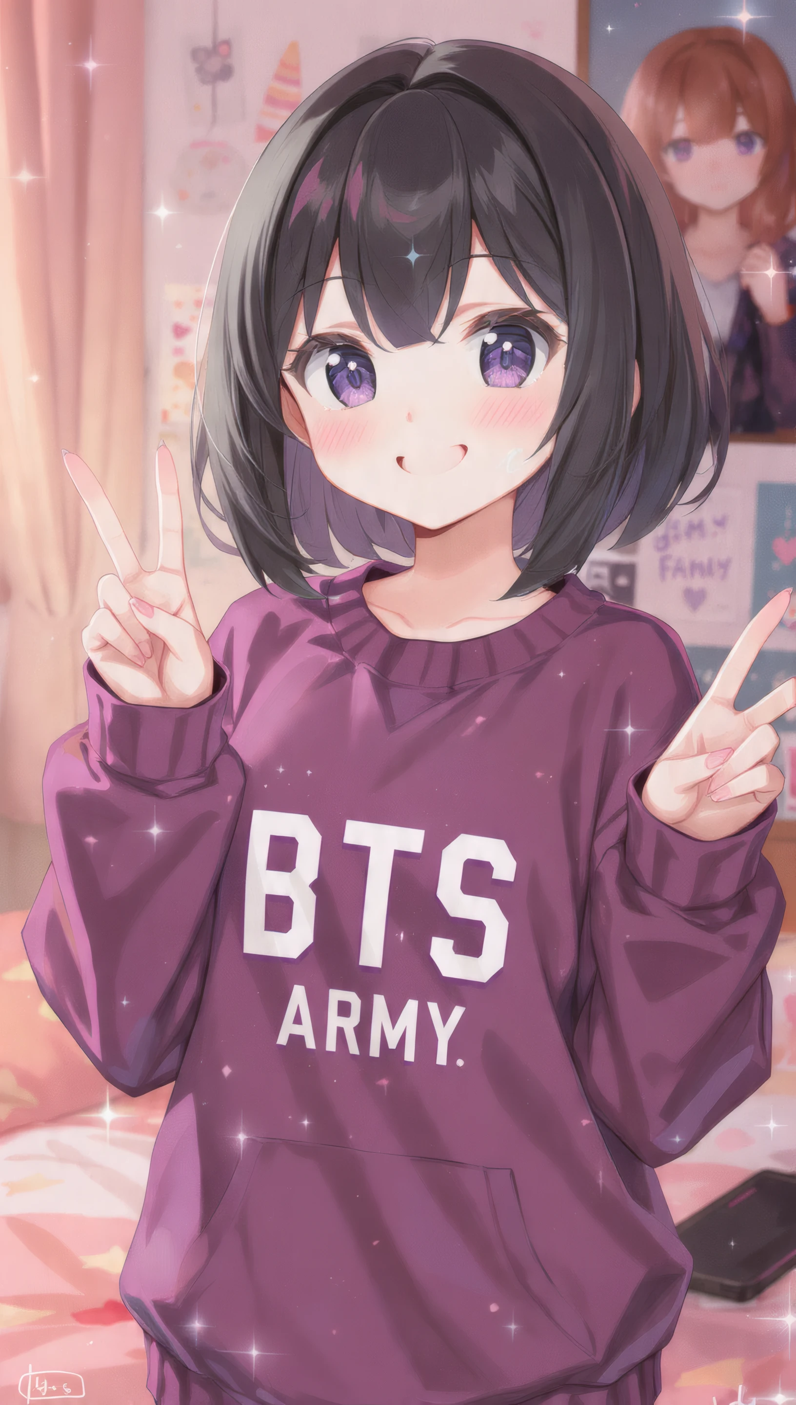 Cute Anime Girl with Bts Hoodie and Peace Sign