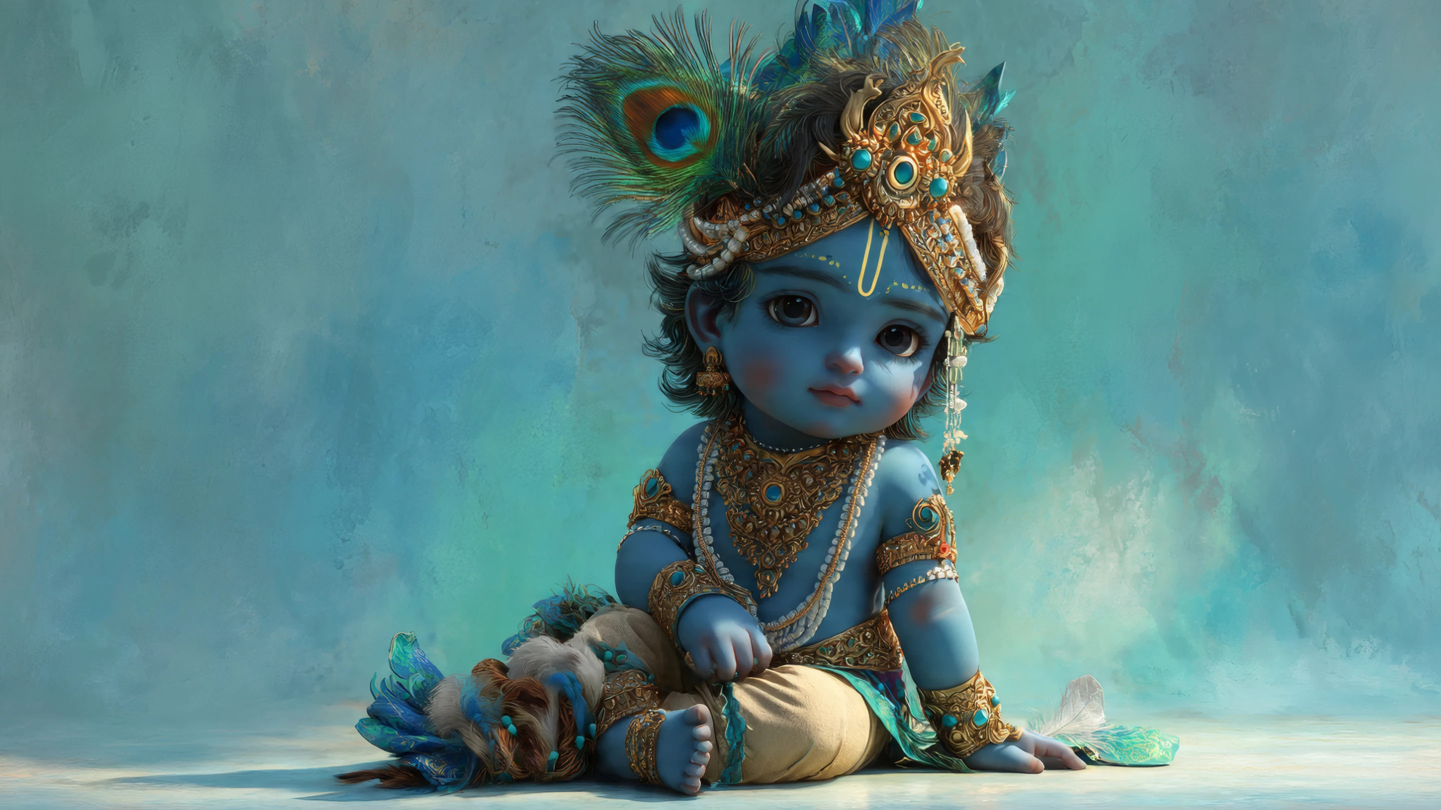 Cute Baby Krishna with Peacock Feather Headdress