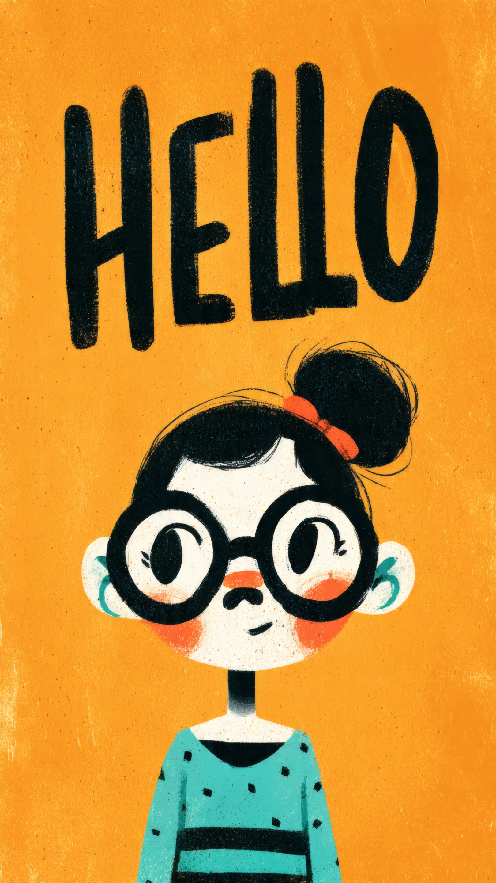 Cute Cartoon Girl Illustration with Glasses and Hello Text