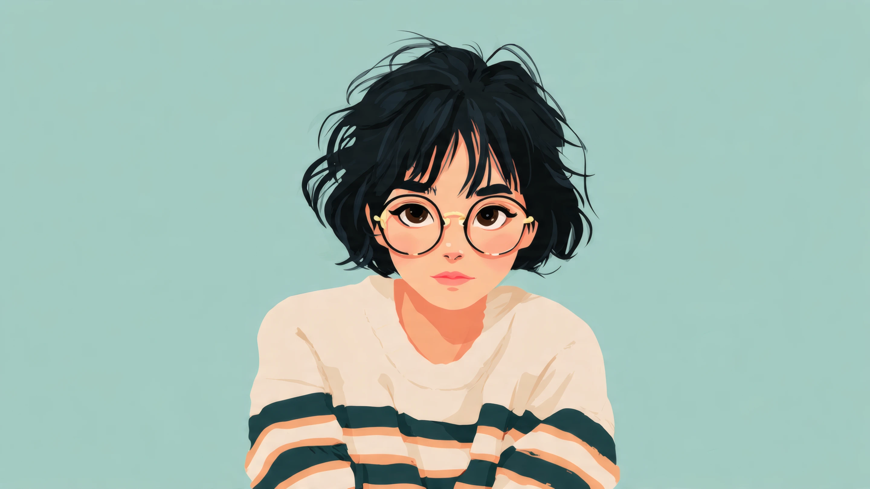 Cute Cartoon Girl with Short Hair and Glasses