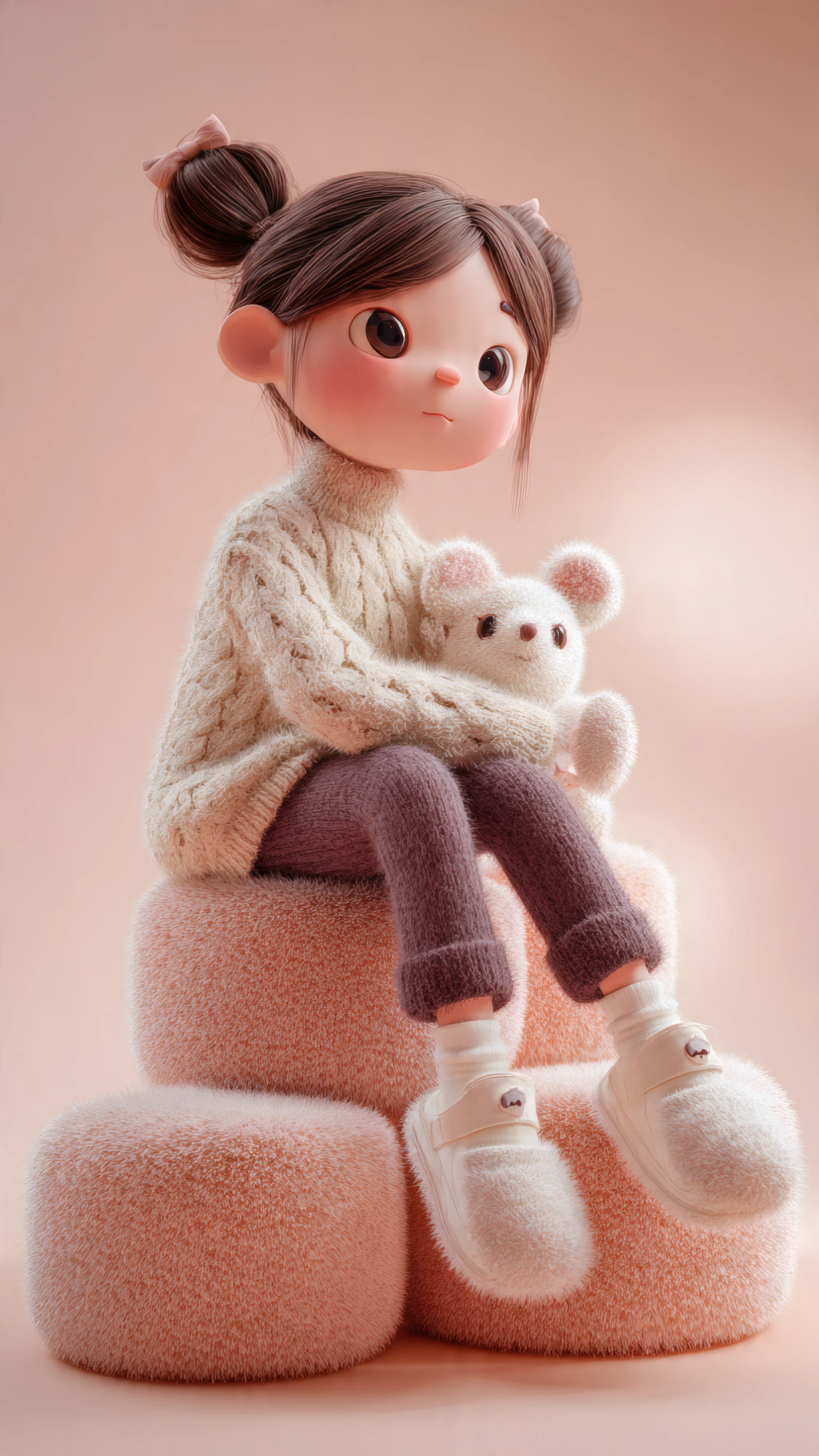 Cute Cartoon Girl with Teddy Bear on Pink Stools
