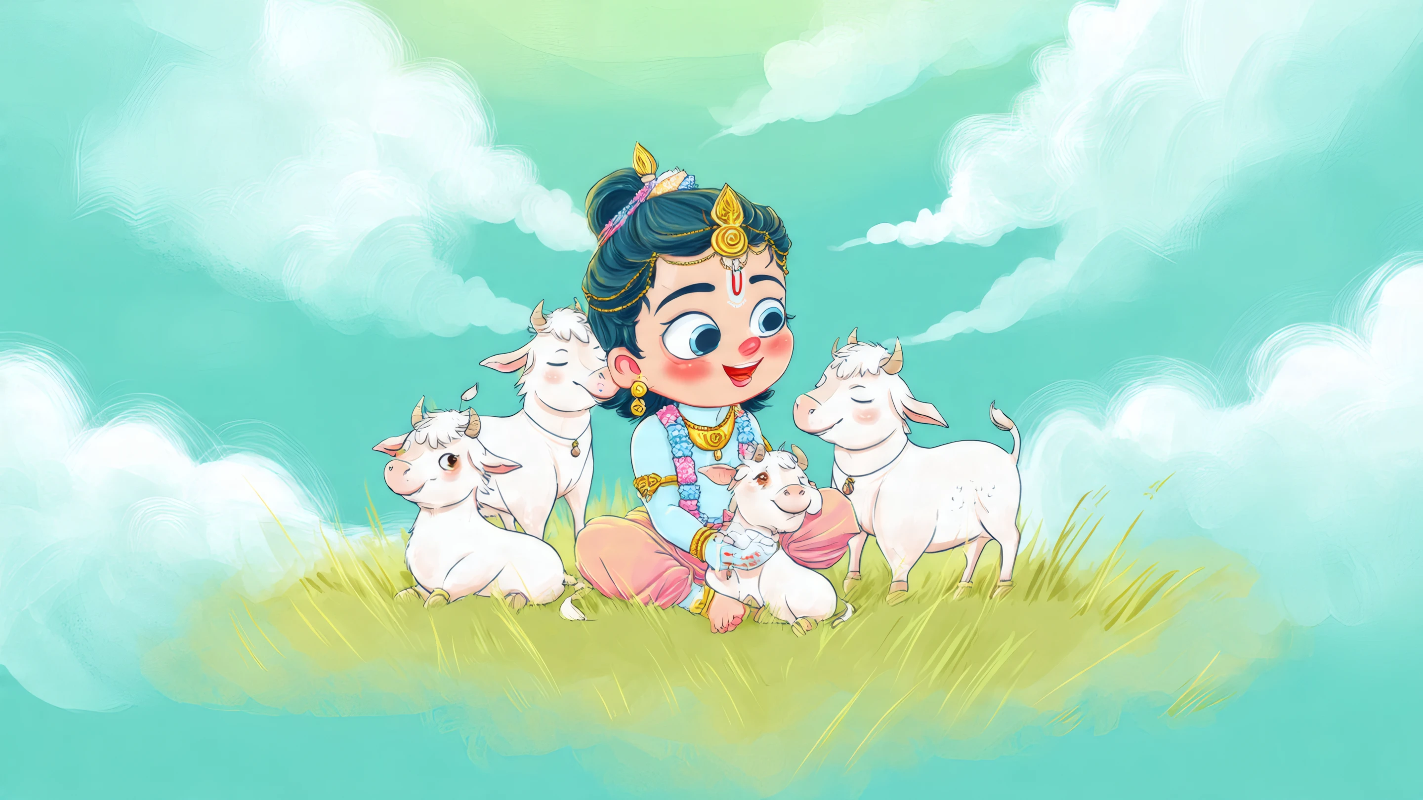 Cute Cartoon Krishna with Calves on Green Meadow
