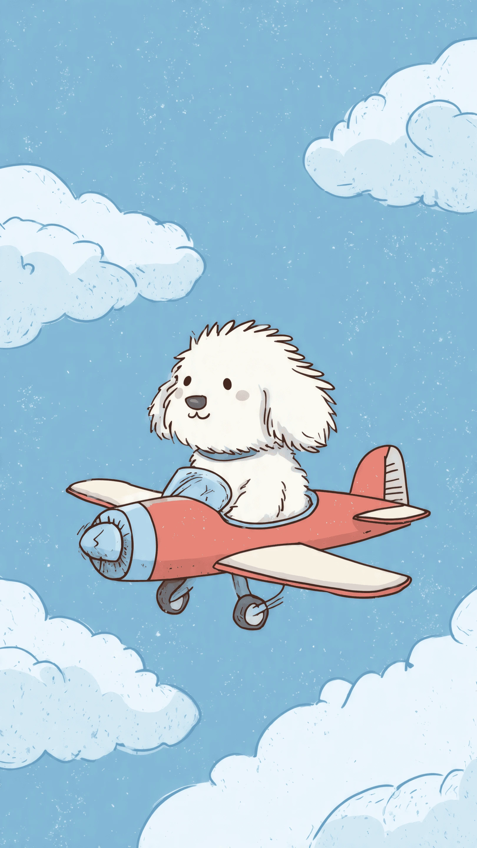 Cute Dog Cartoon Flying Airplane Among Clouds