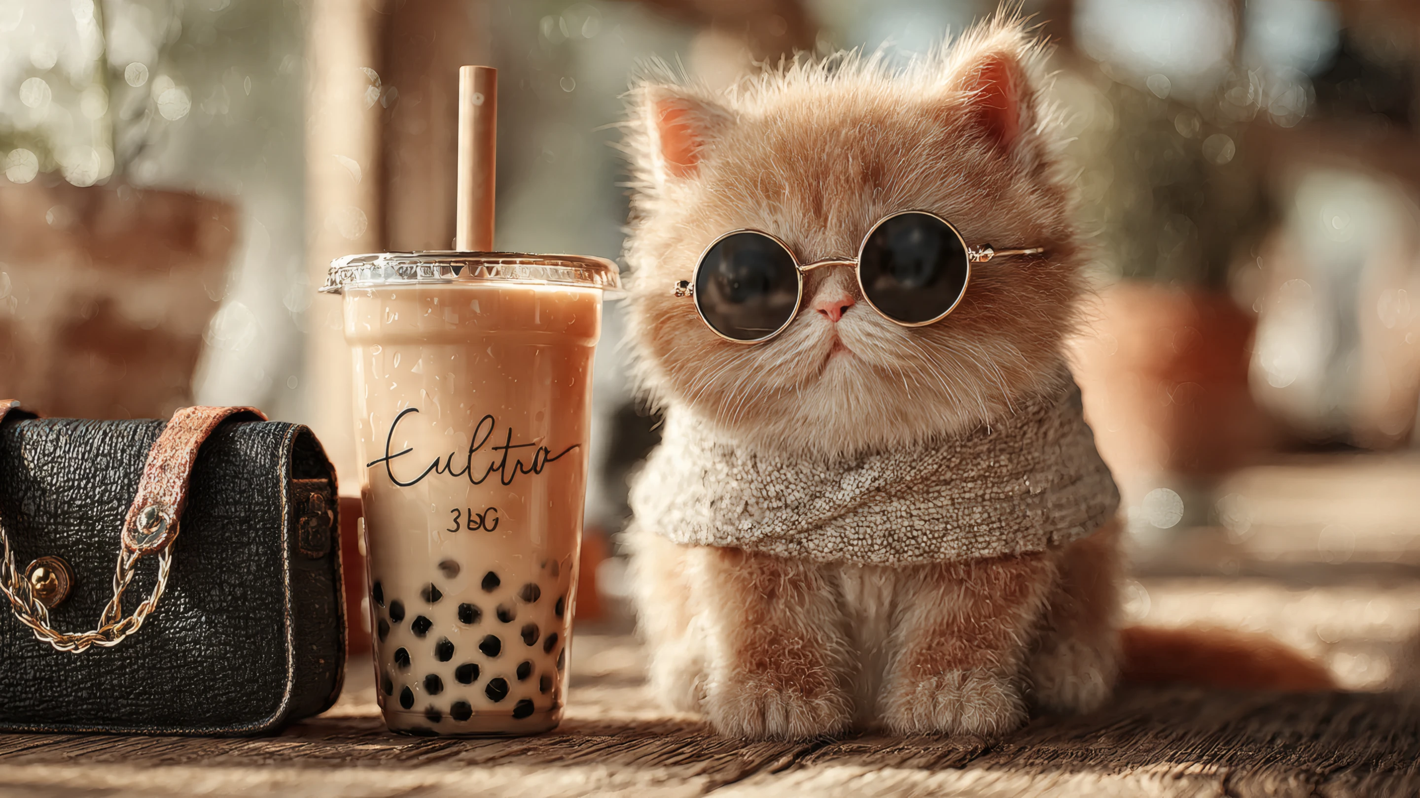 Cute Kitten with Sunglasses and Bubble Tea Portrait