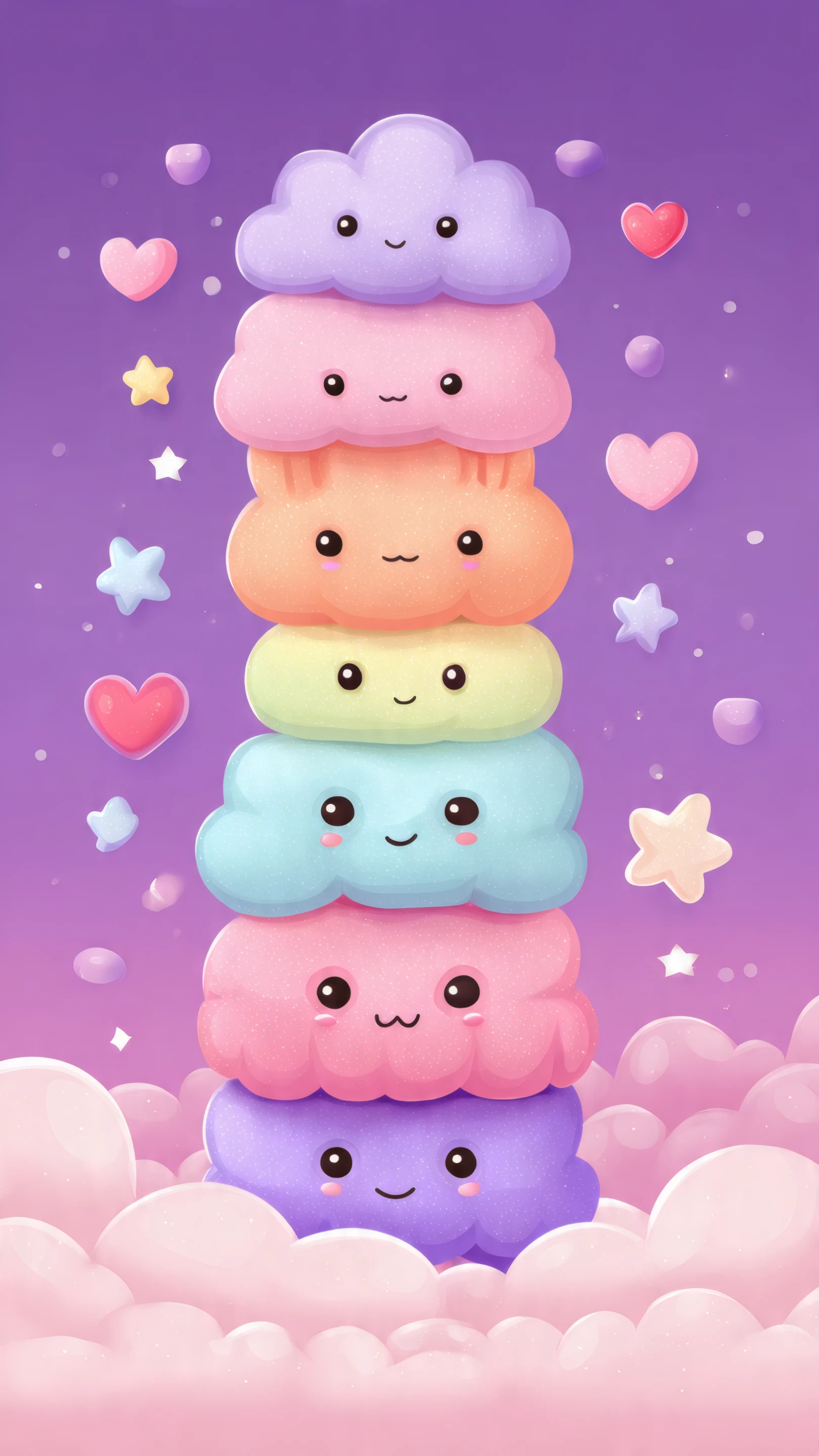 Cute Stacked Pastel Clouds with Faces on Purple Background