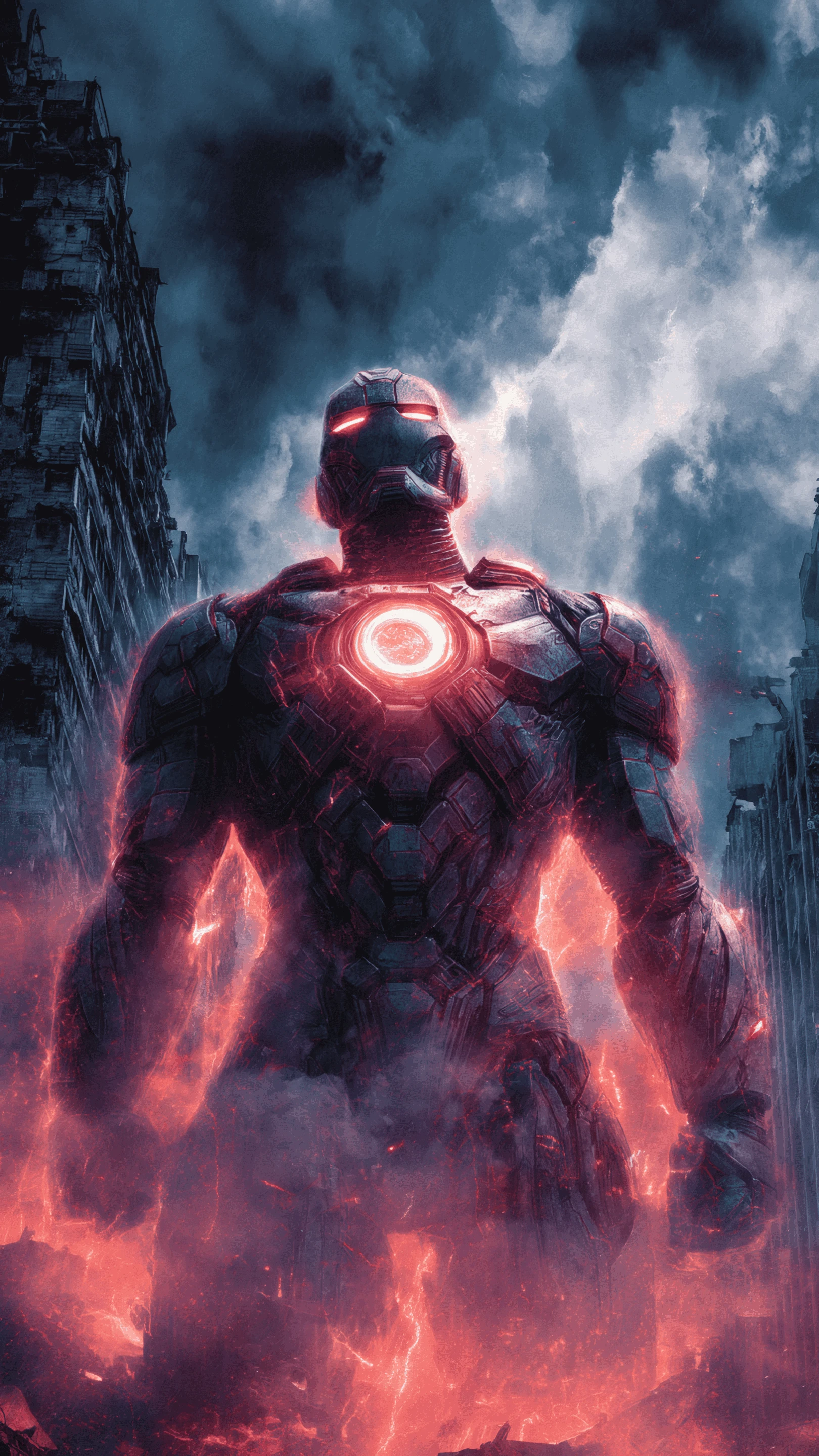 Cybernetic Hero Standing Amidst Ruined Cityscape Wallpaper