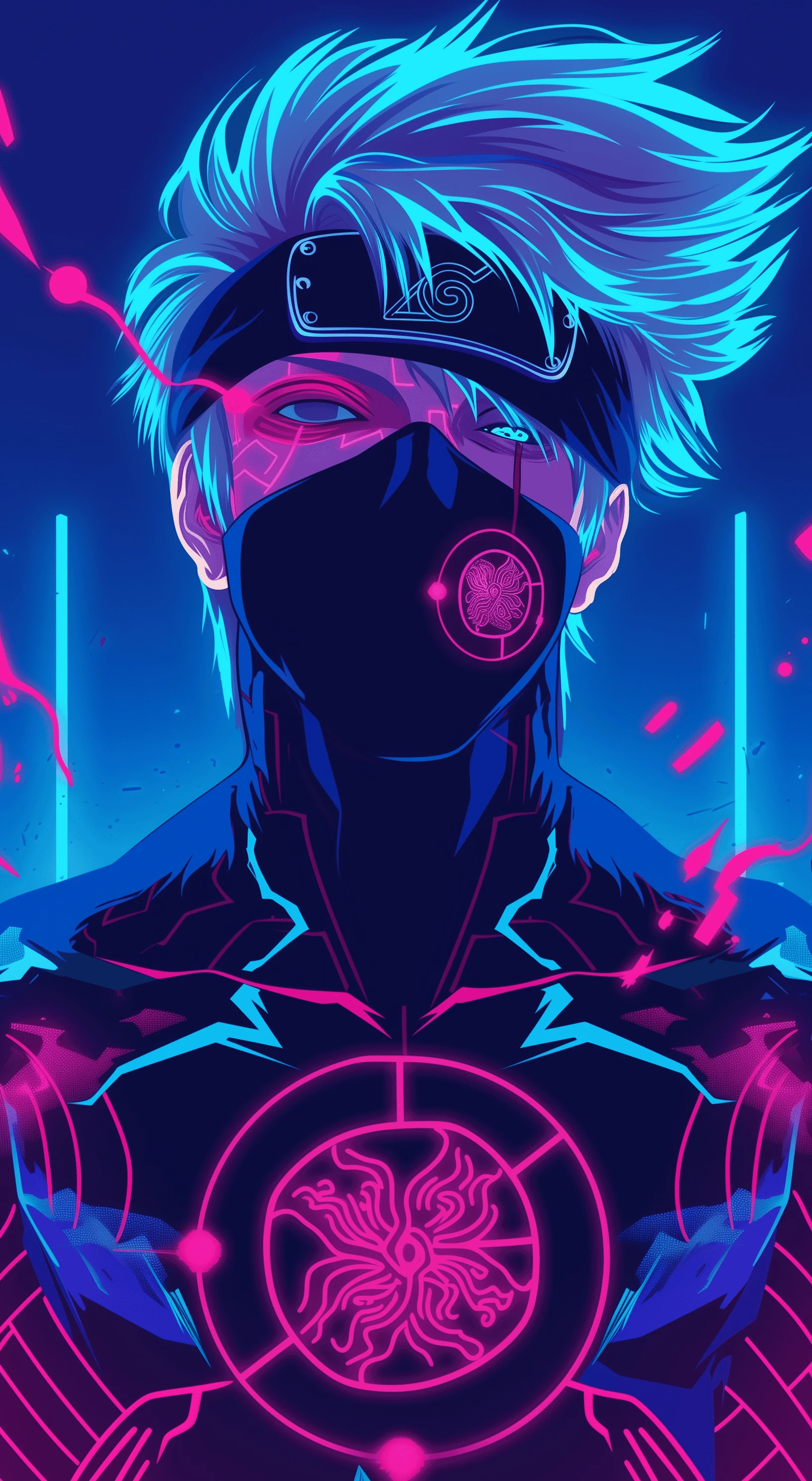 Cyberpunk Anime Ninja with Neon Blue Hair and Mask