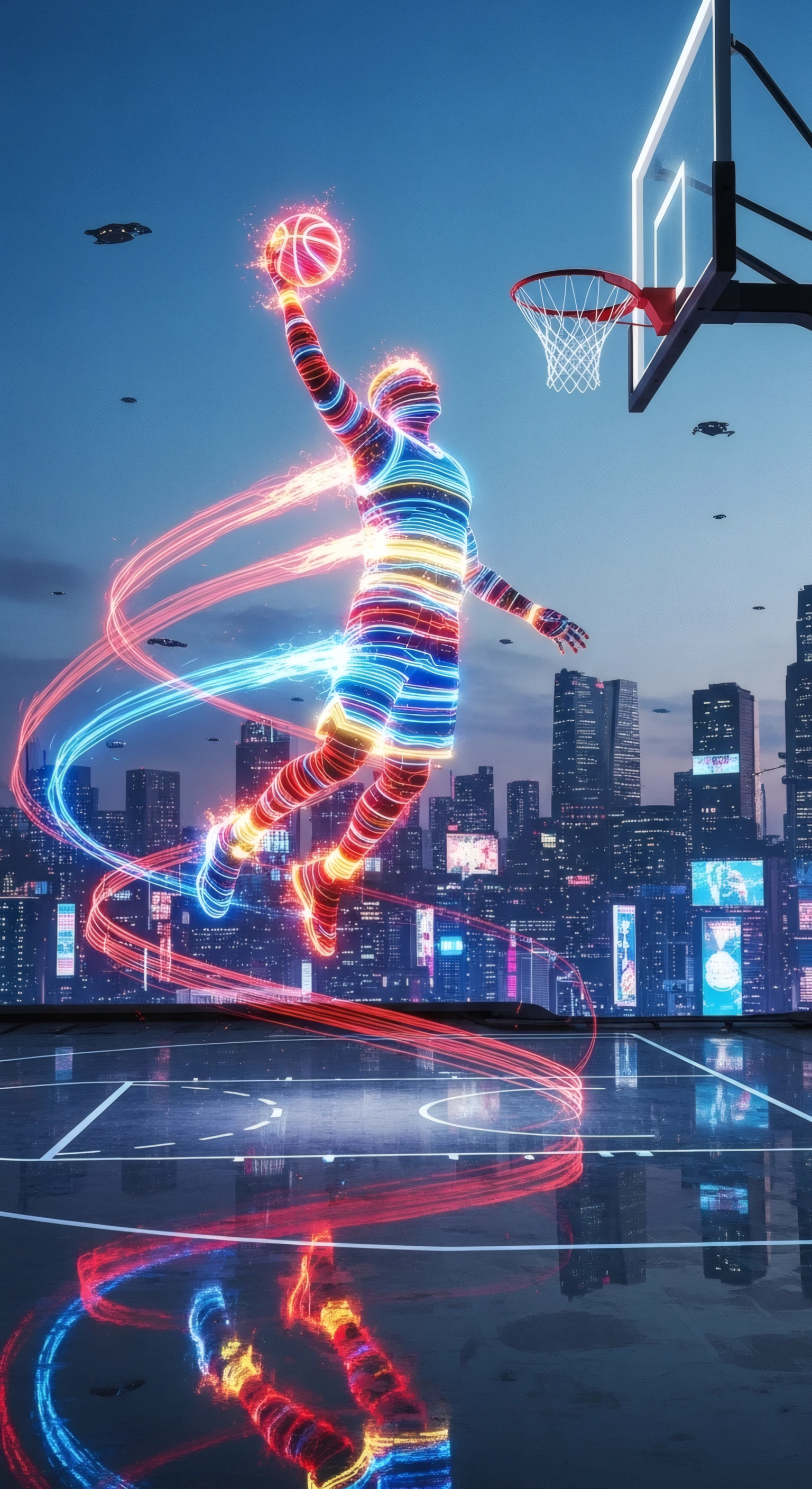 Cyberpunk Basketball Player's Neon Dunk over Cityscape