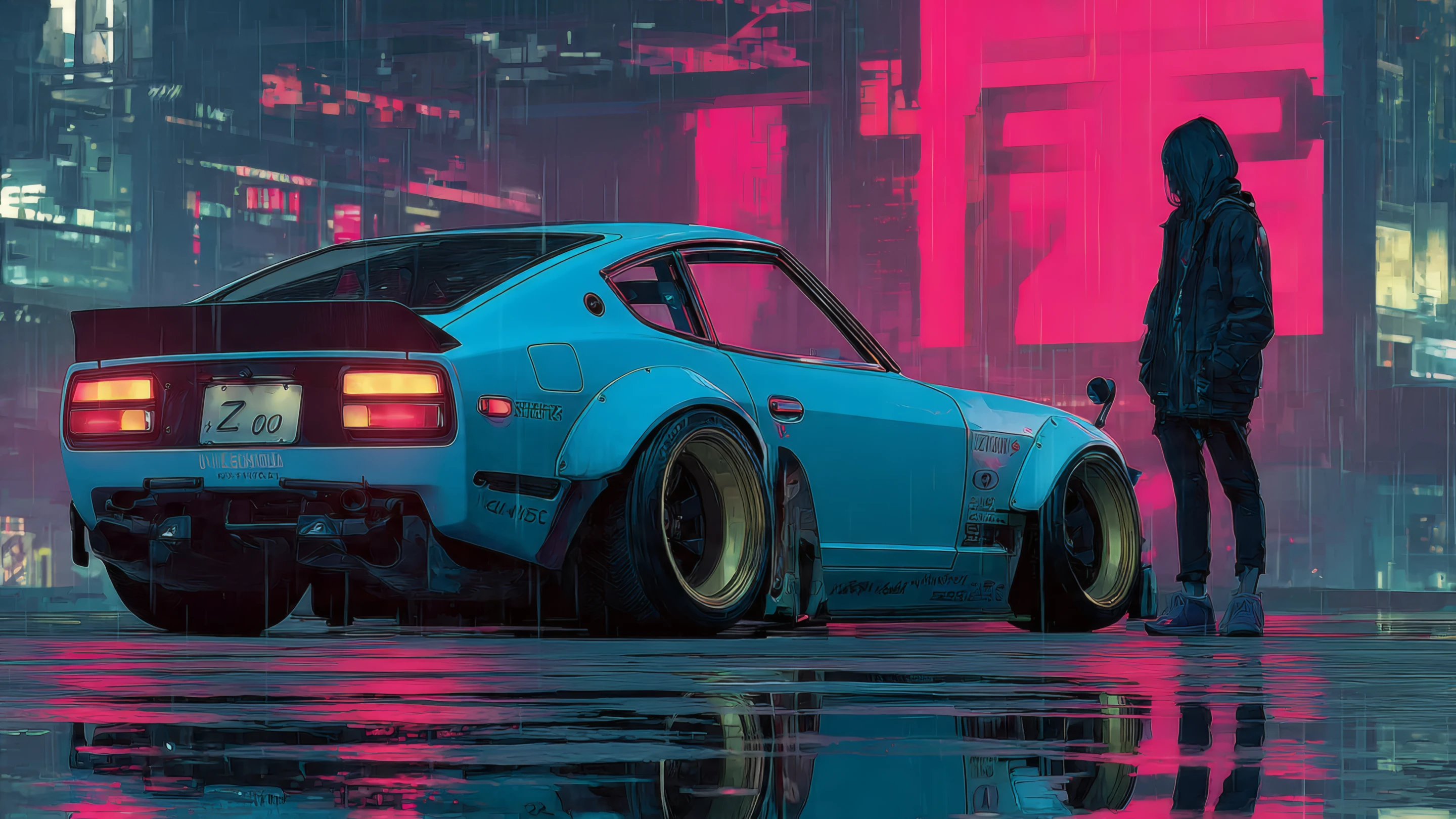 Cyberpunk Car in Rain with Neon Cityscape Backdrop