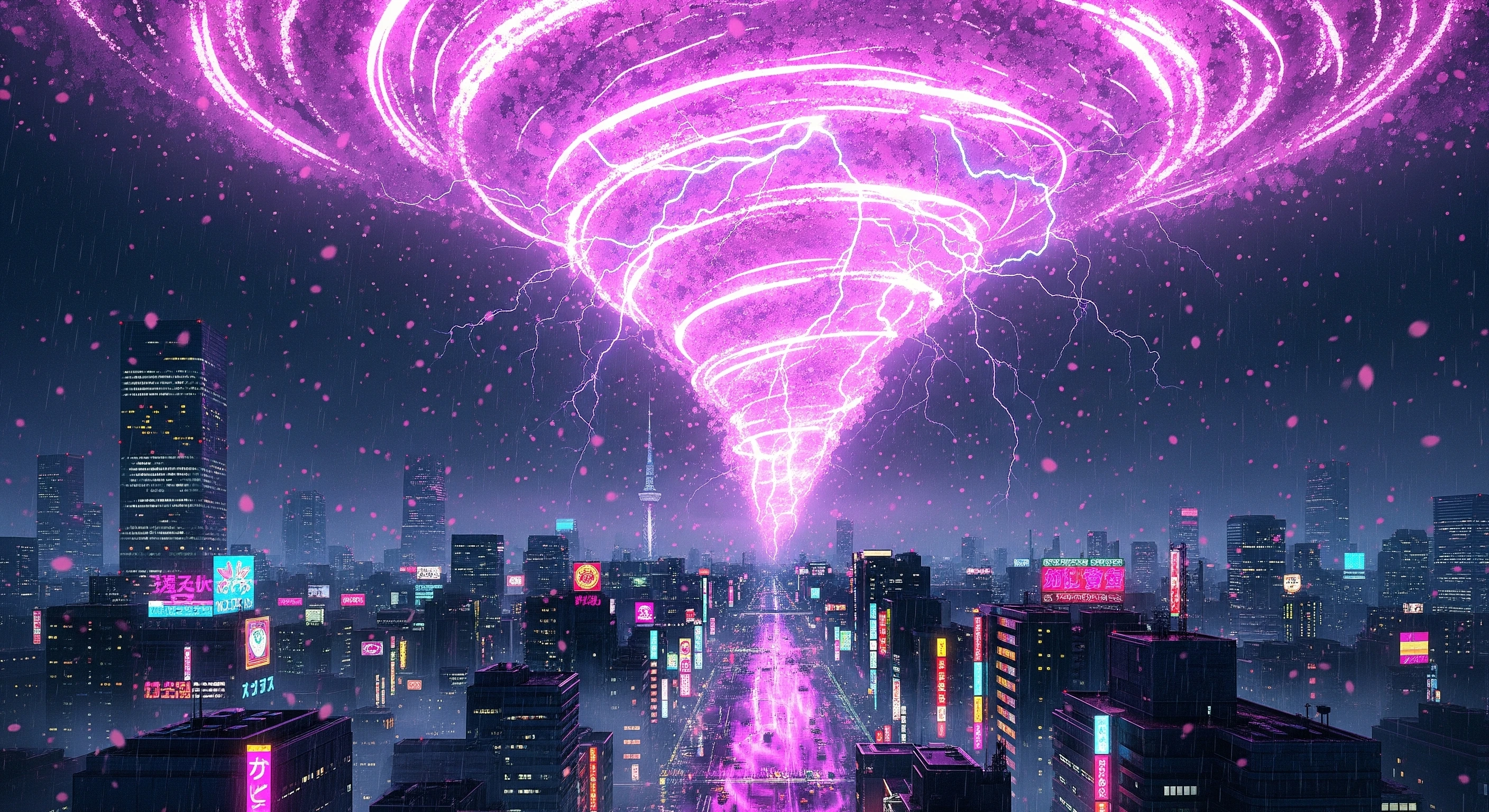 Cyberpunk Cityscape Under a Neon Tornado