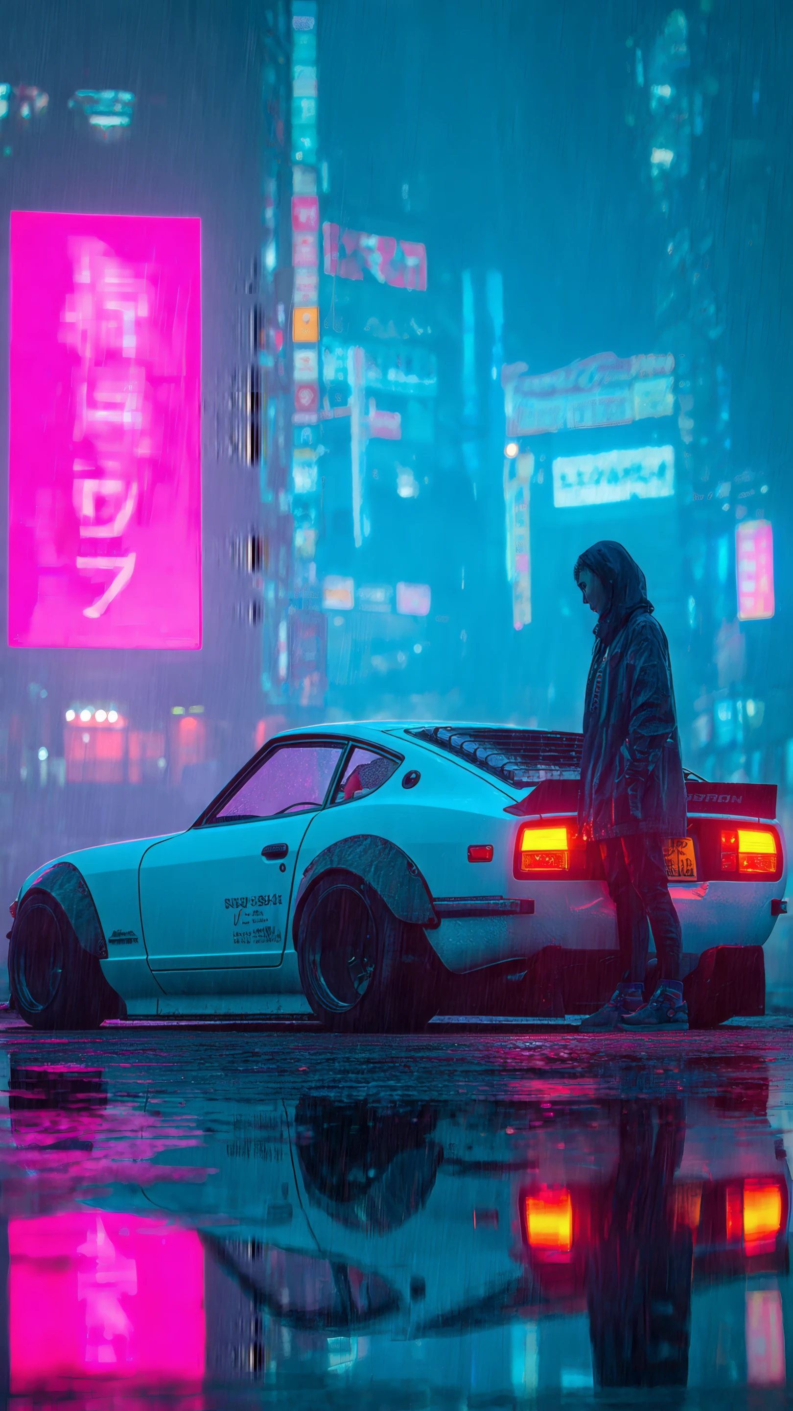 Cyberpunk Cityscape with Classic Car and Figure