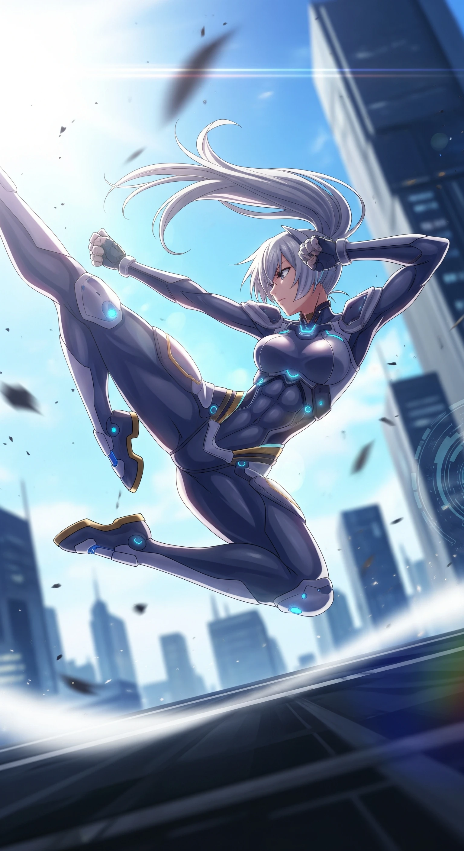 Cyberpunk Girl Mid-air Kick in Cityscape
