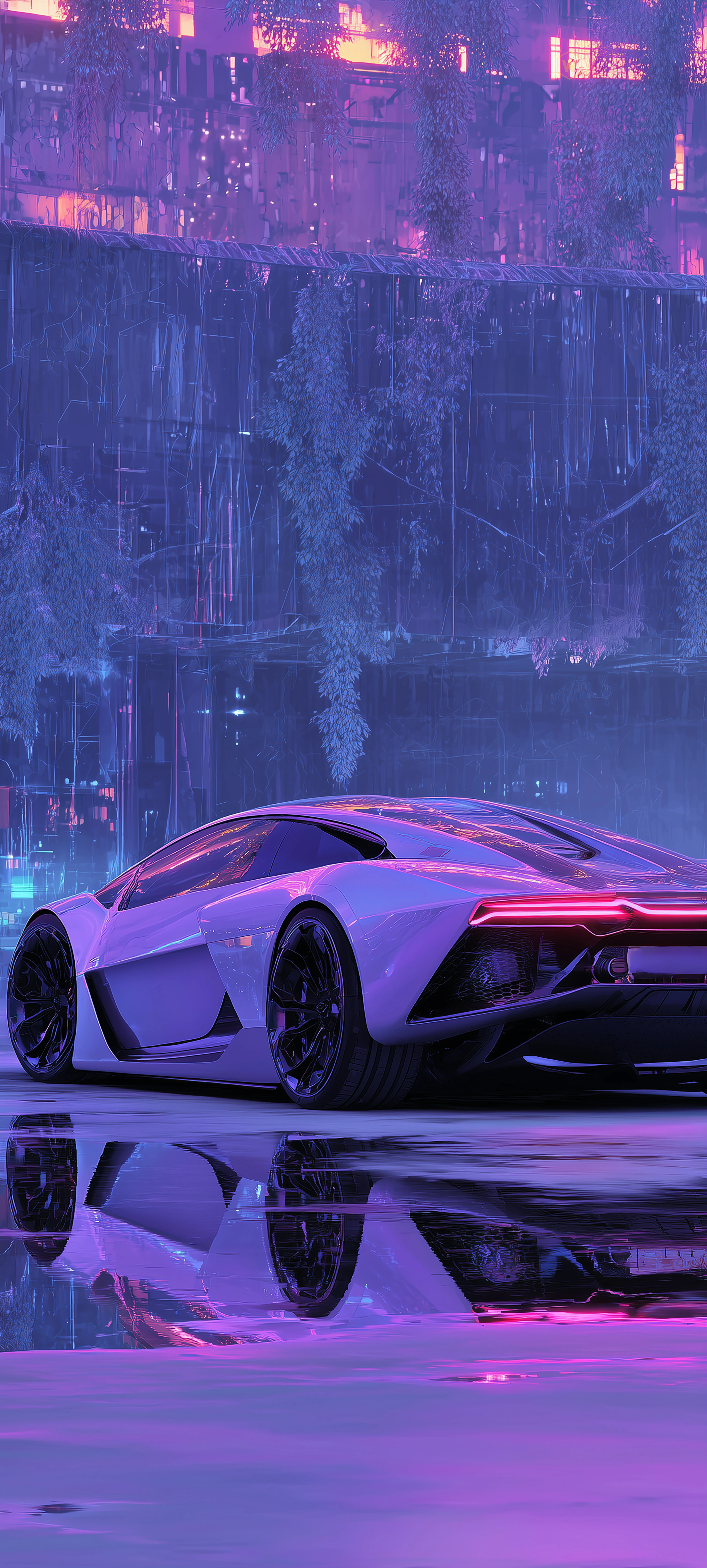 Cyberpunk Lambo Reflecting Neon Cityscape
