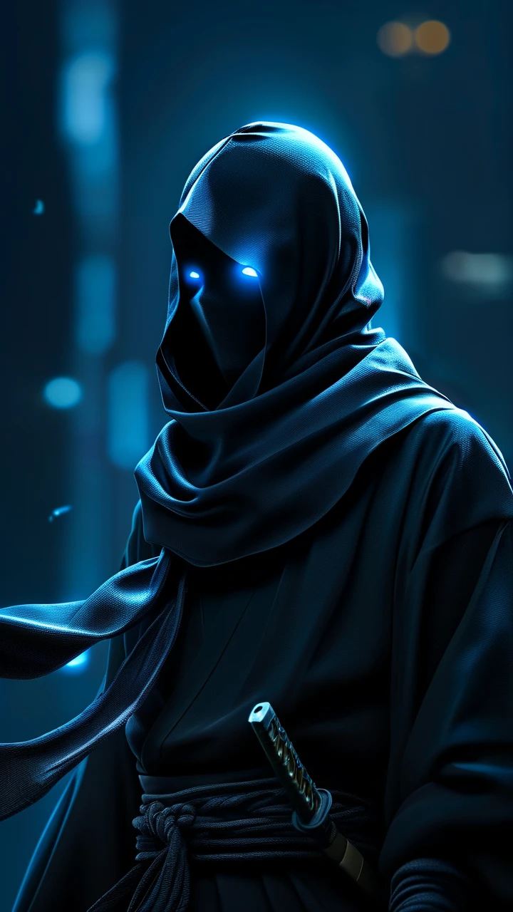 Cyberpunk Ninja Electric Blue Gaze in the Shadows