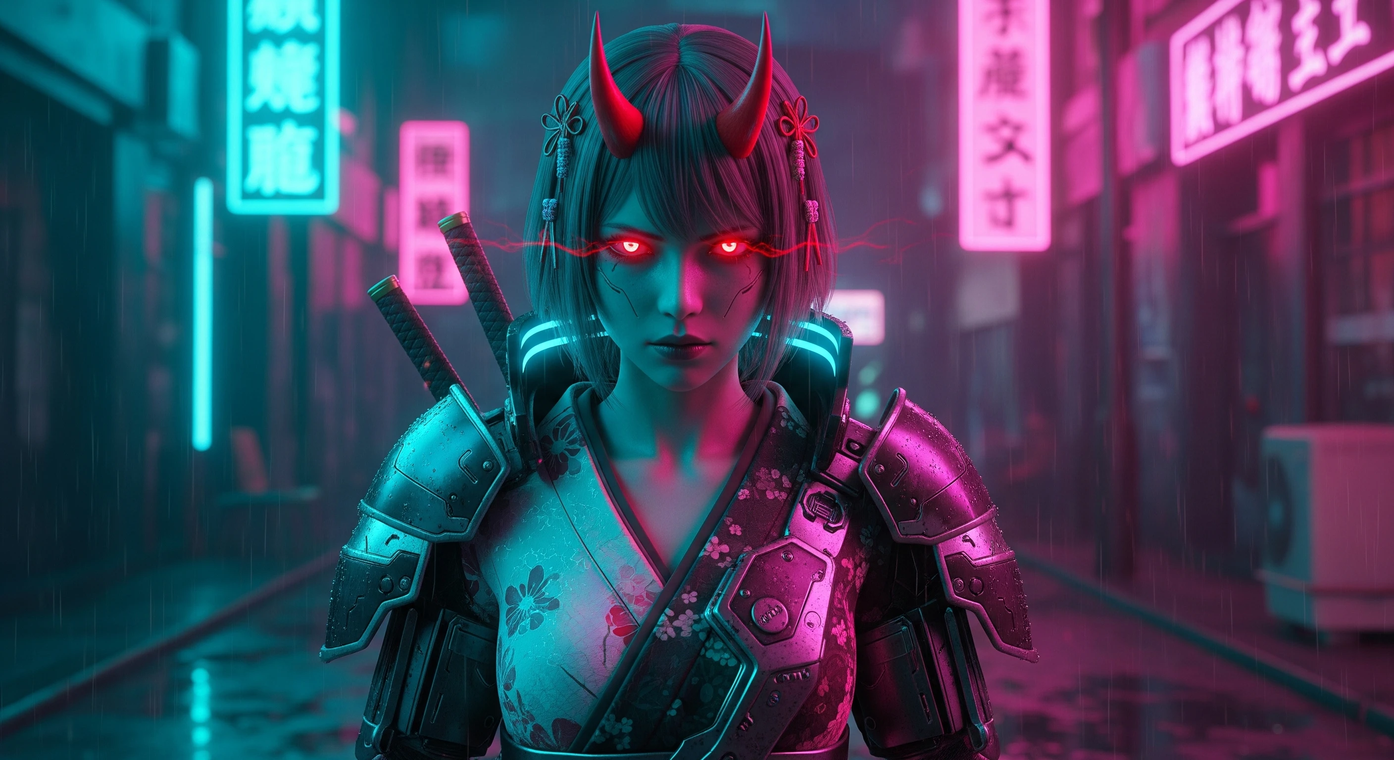 Cyberpunk Oni Warrior in Neon Rain Red Glowing Eyes