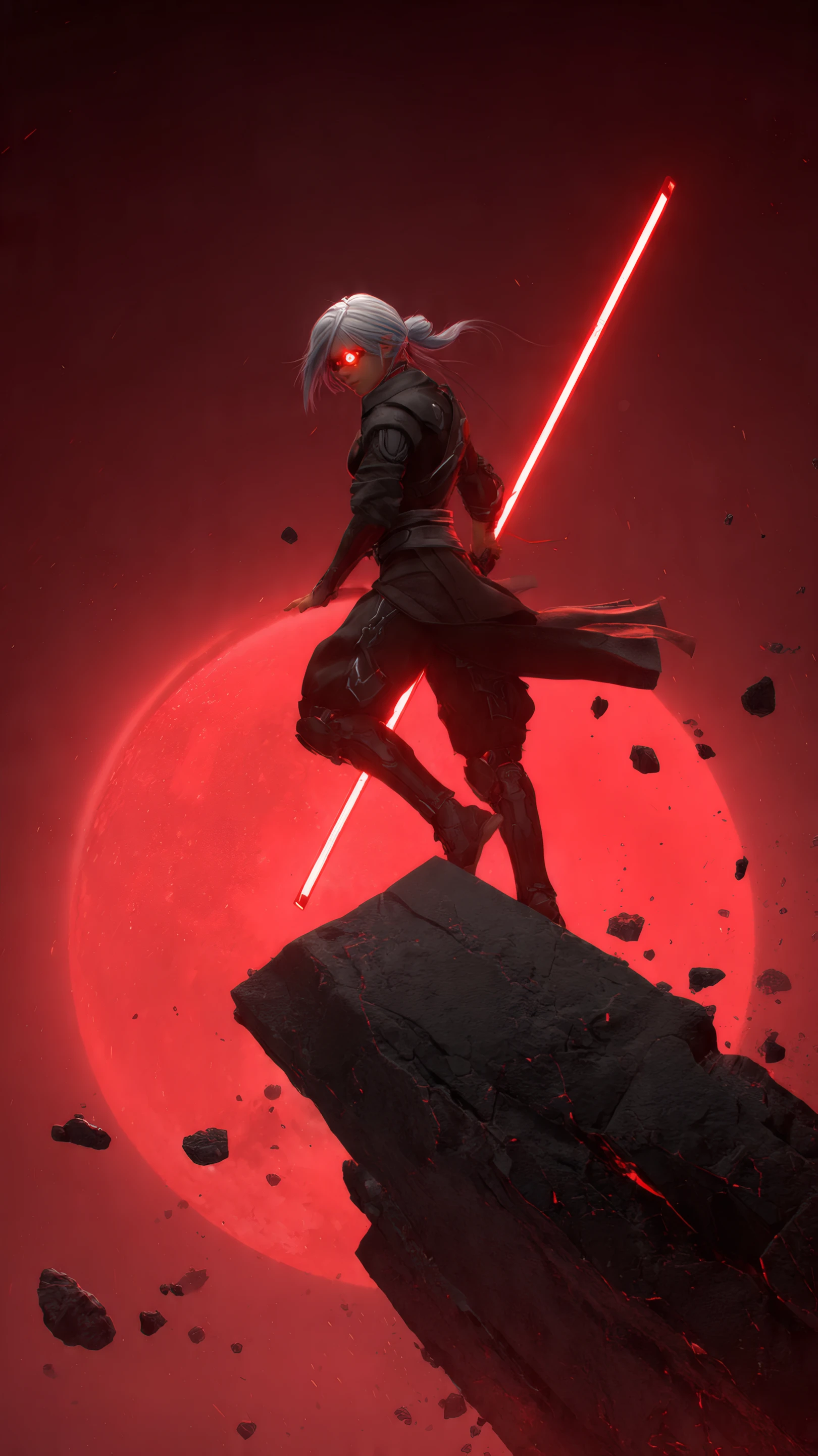 Cyberpunk Warrior with Glowing Red Lightsaber on Asteroid