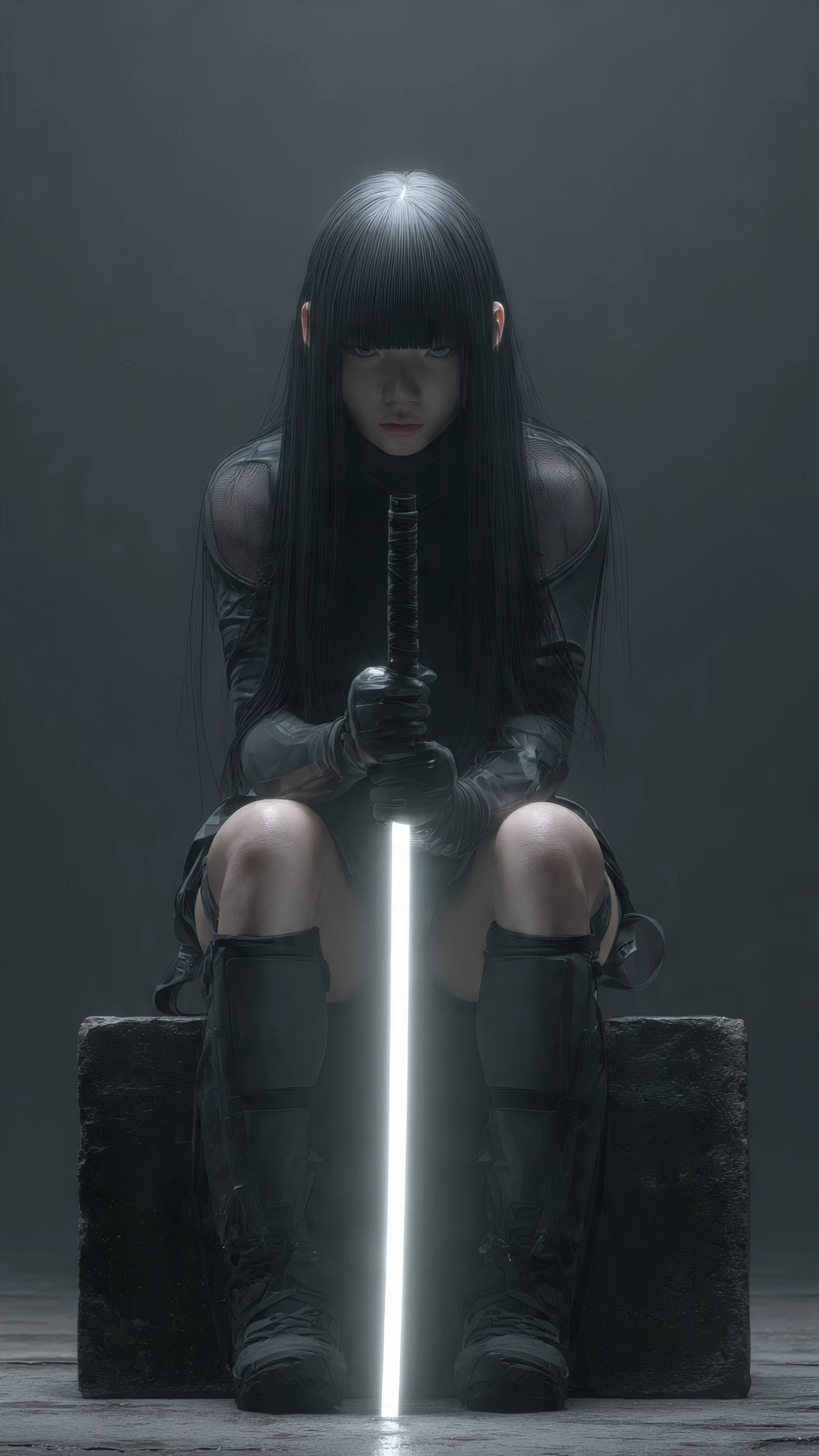 Cyberpunk Warrior with Luminous Blade in Shadow