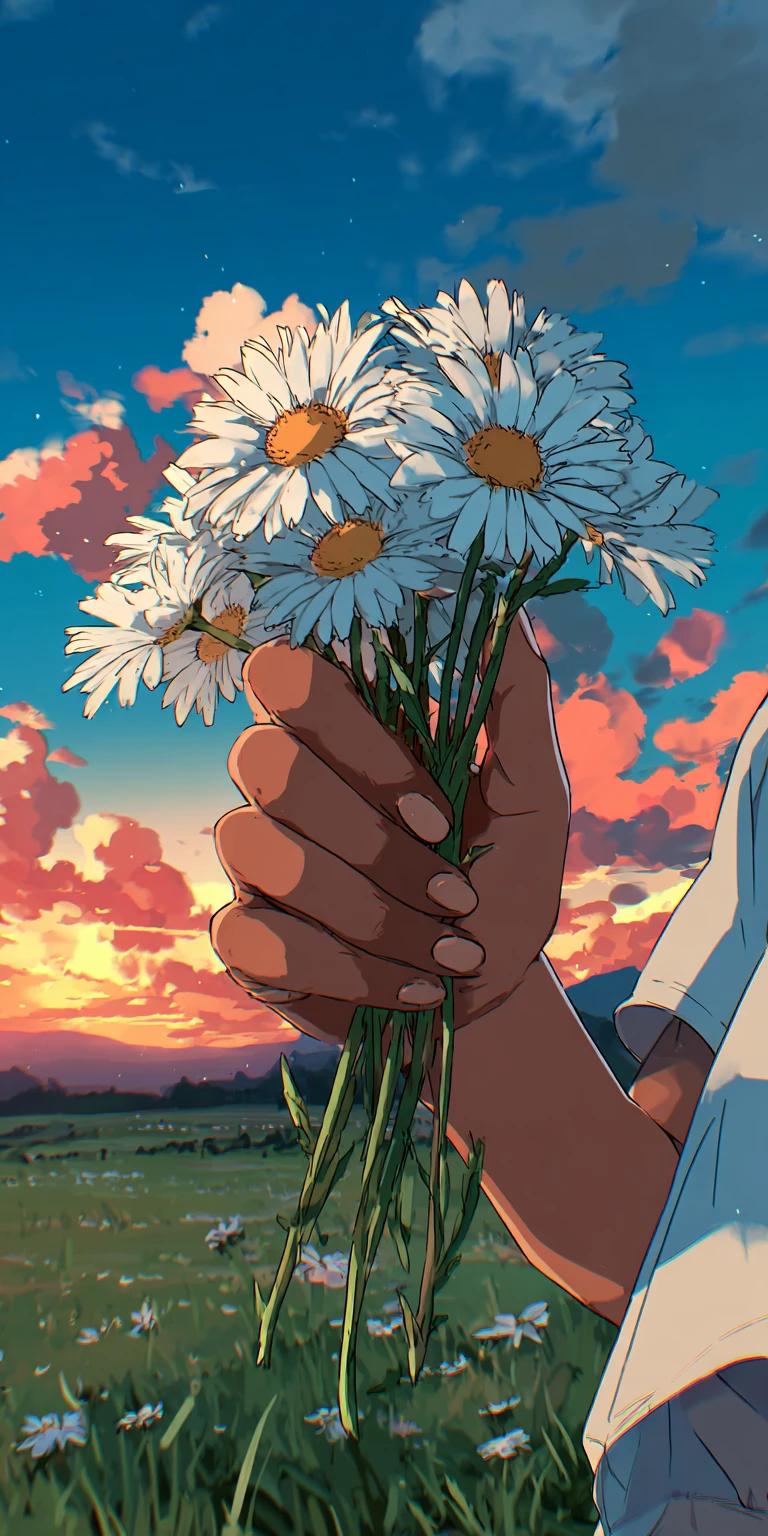 Daisies Held at Sunset Anime Style 4K Wallpaper