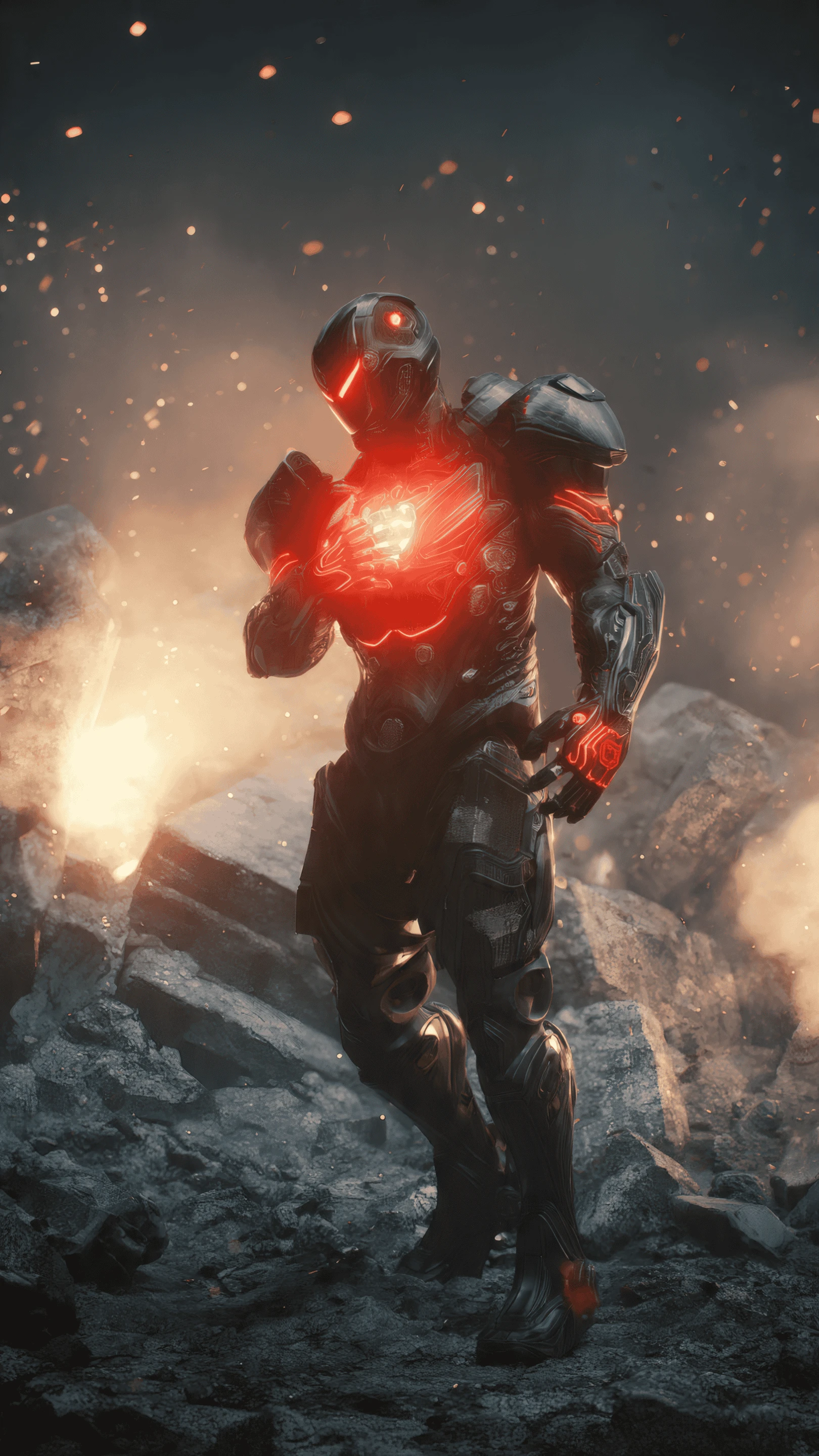 Dark Armored Warrior with Red Energy Glow on Rocky Ground Wallpaper