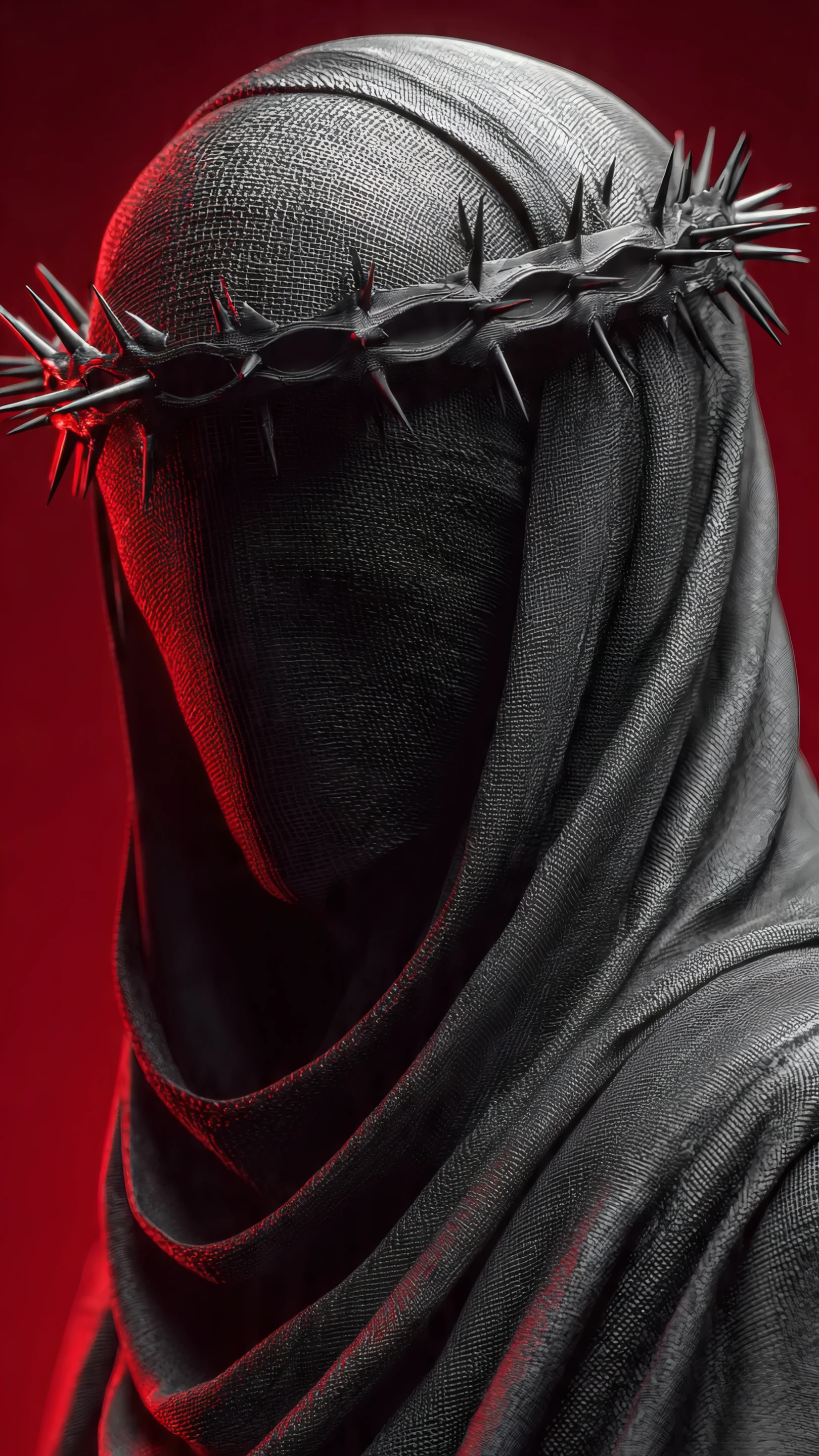 Dark Figure in Hood and Crown of Thorns on Red