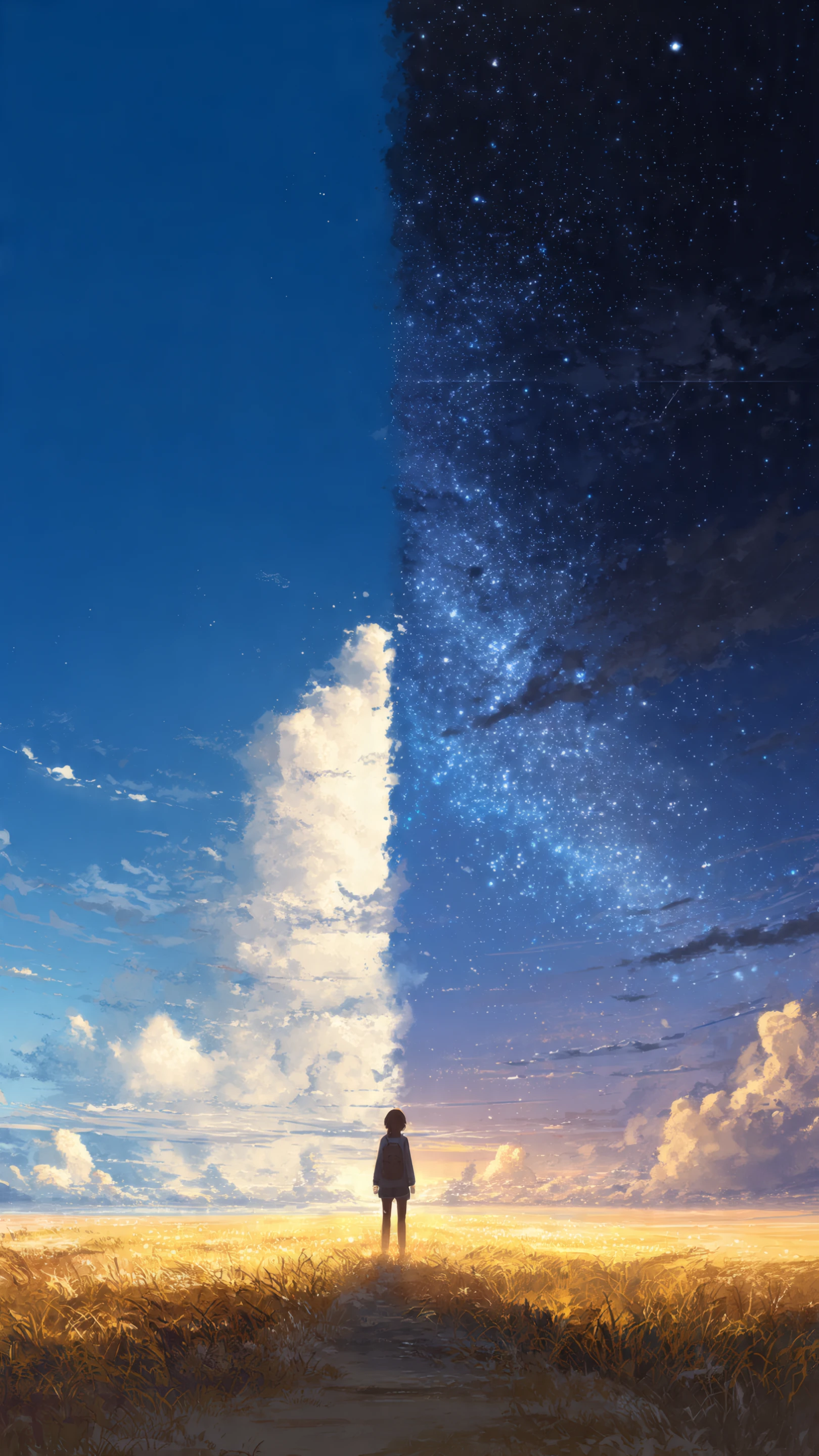 Day Meets Night a Lone Figure's Journey 4K Wallpaper