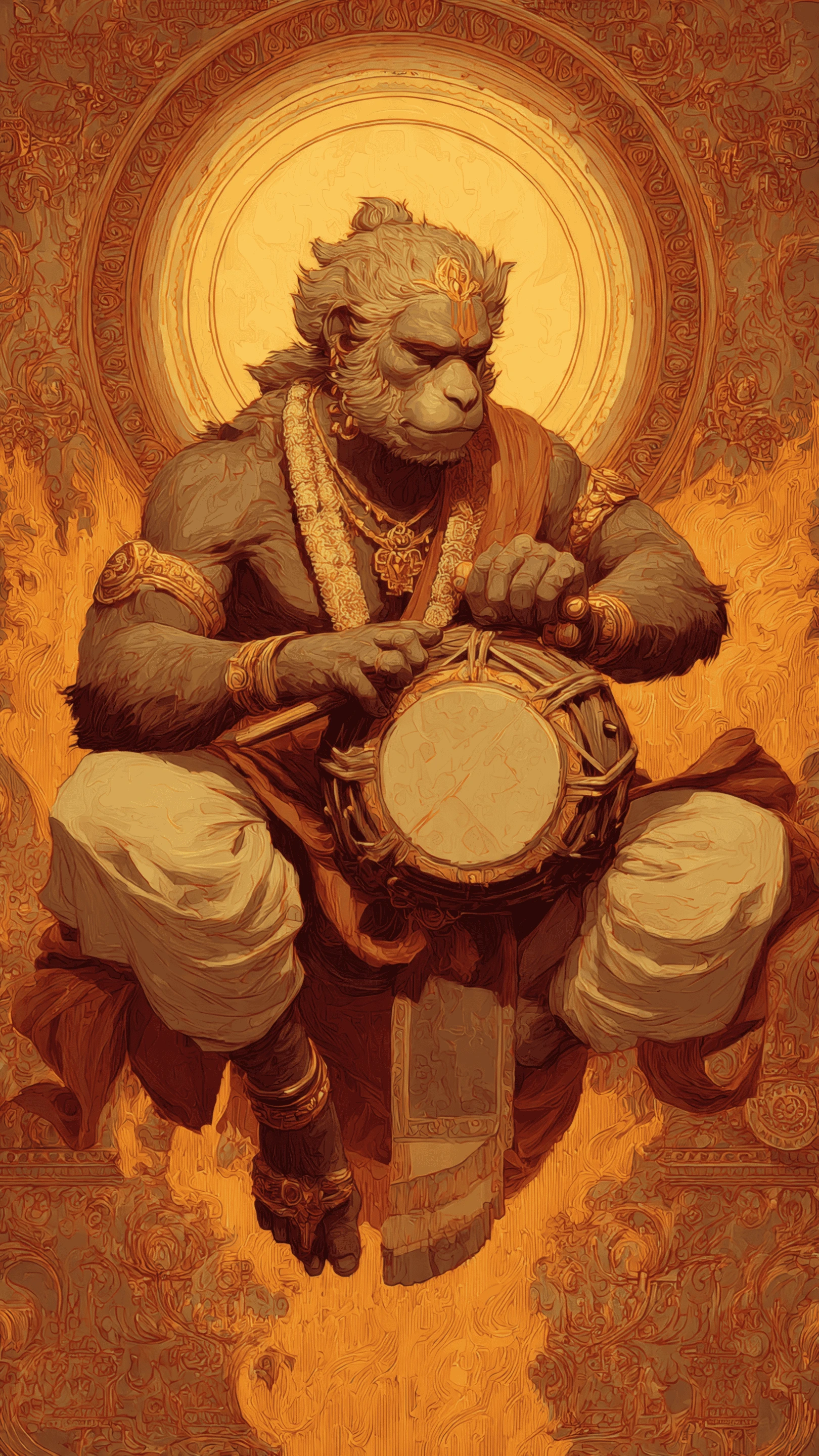Detailed Illustration of Hanuman Playing Drum in Gold