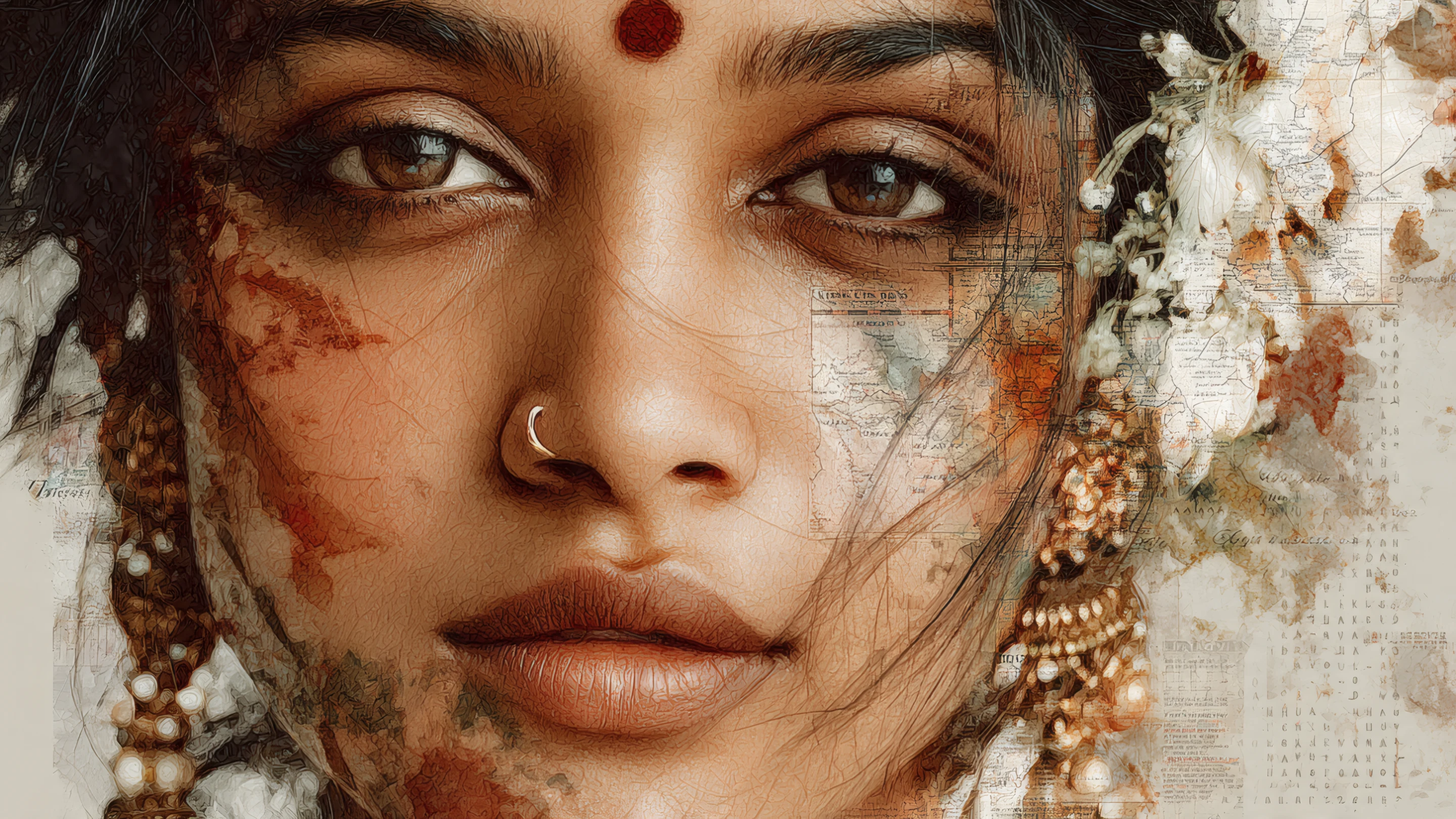 Detailed Portrait of a Woman with Map Overlay