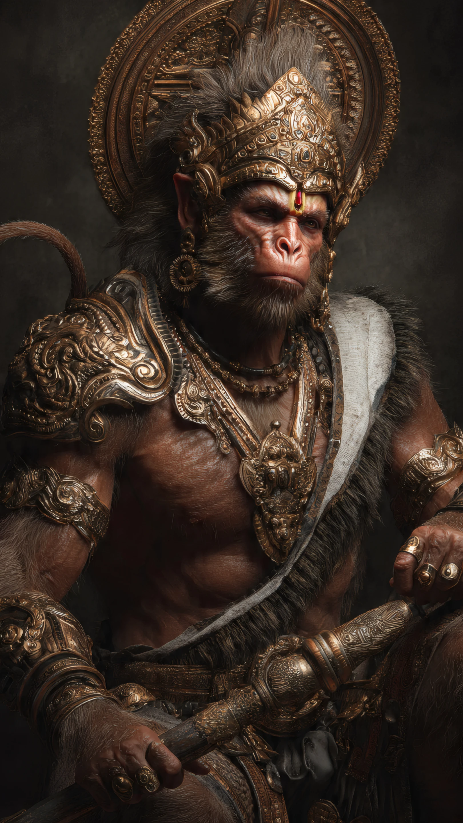 Detailed Portrait of Hanuman with Golden Headdress