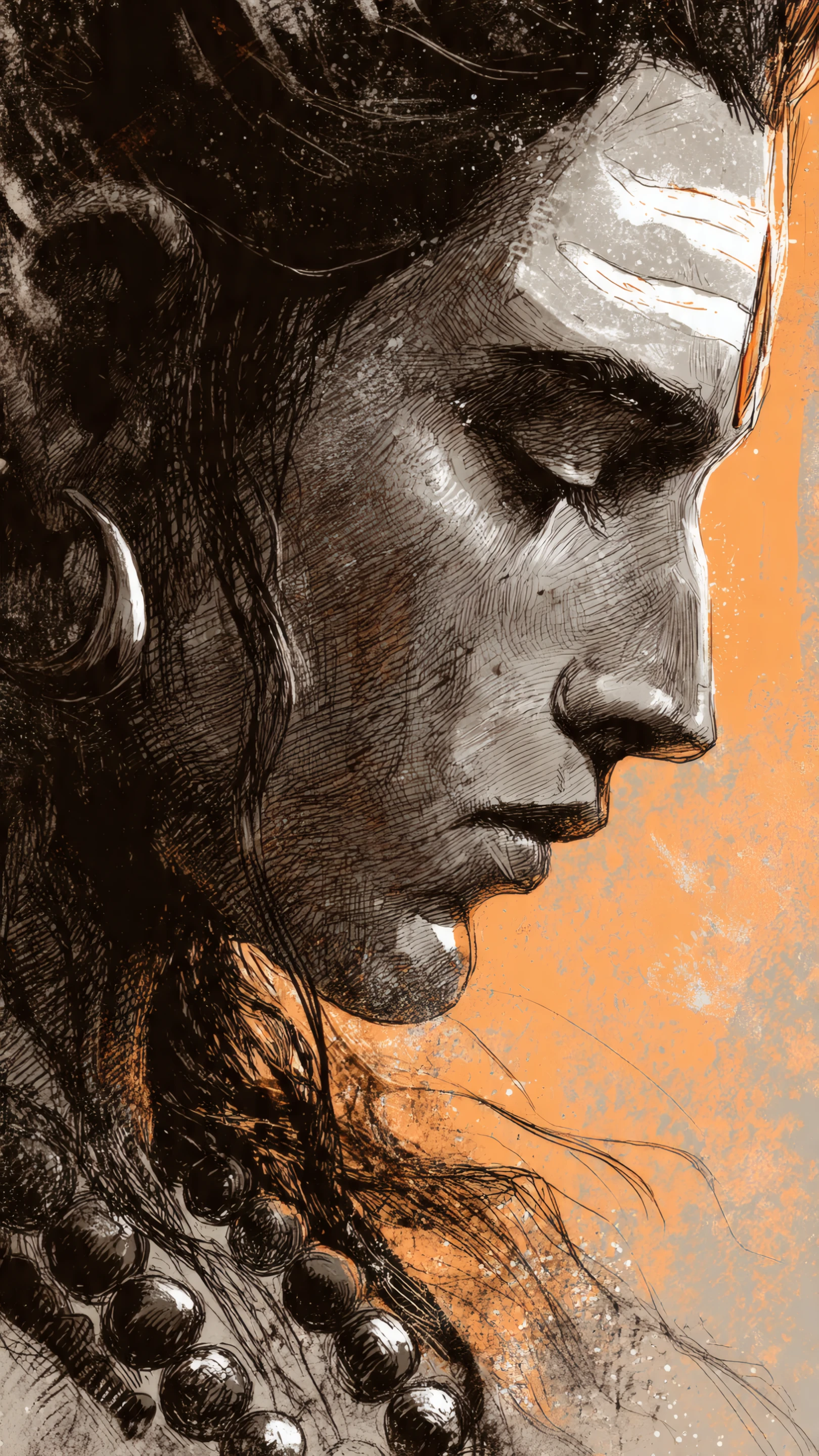 Detailed Sketch of Deity with Warm Orange Background