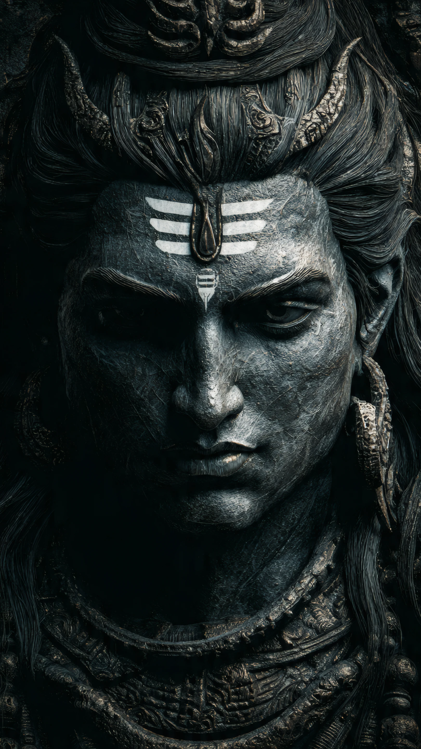 Detailed Stone Carving of Shiva with Dark Lighting