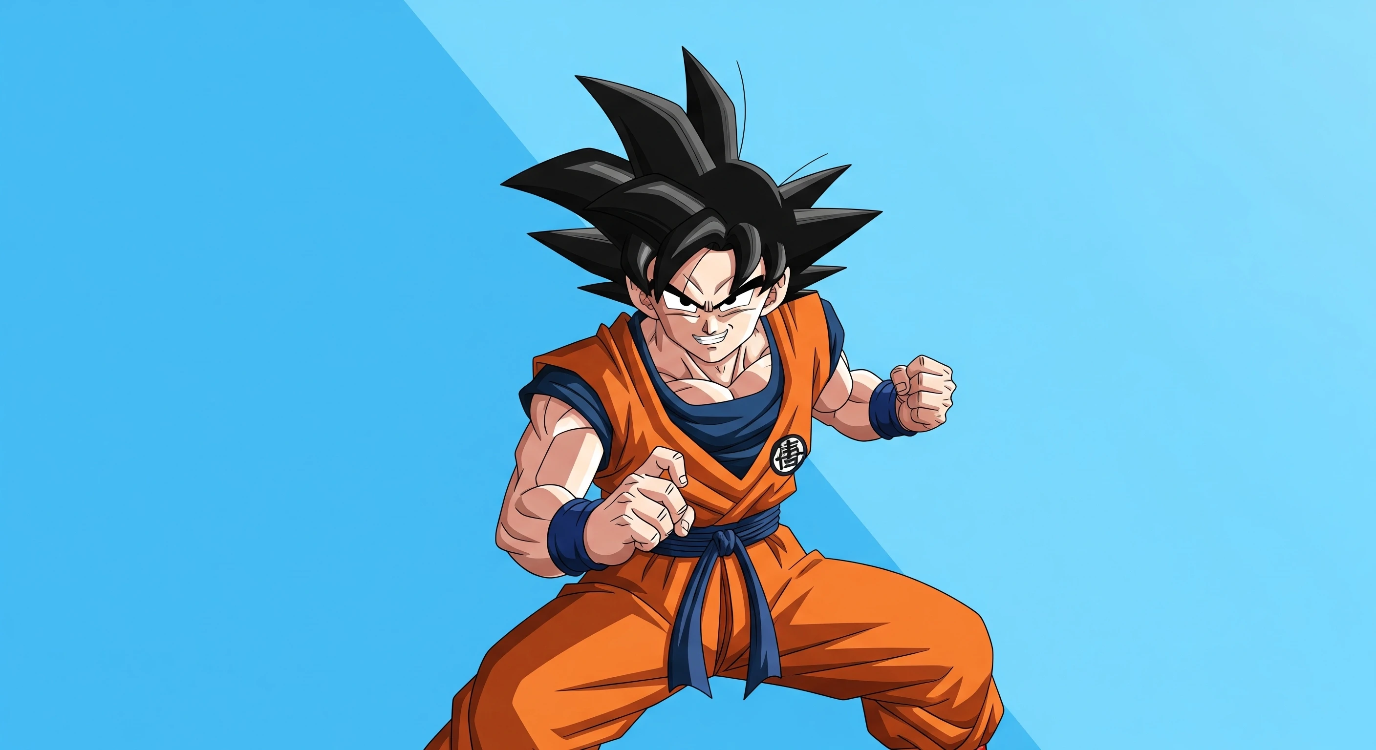 Determined Anime Hero Goku with Orange Outfit on Blue Backgr