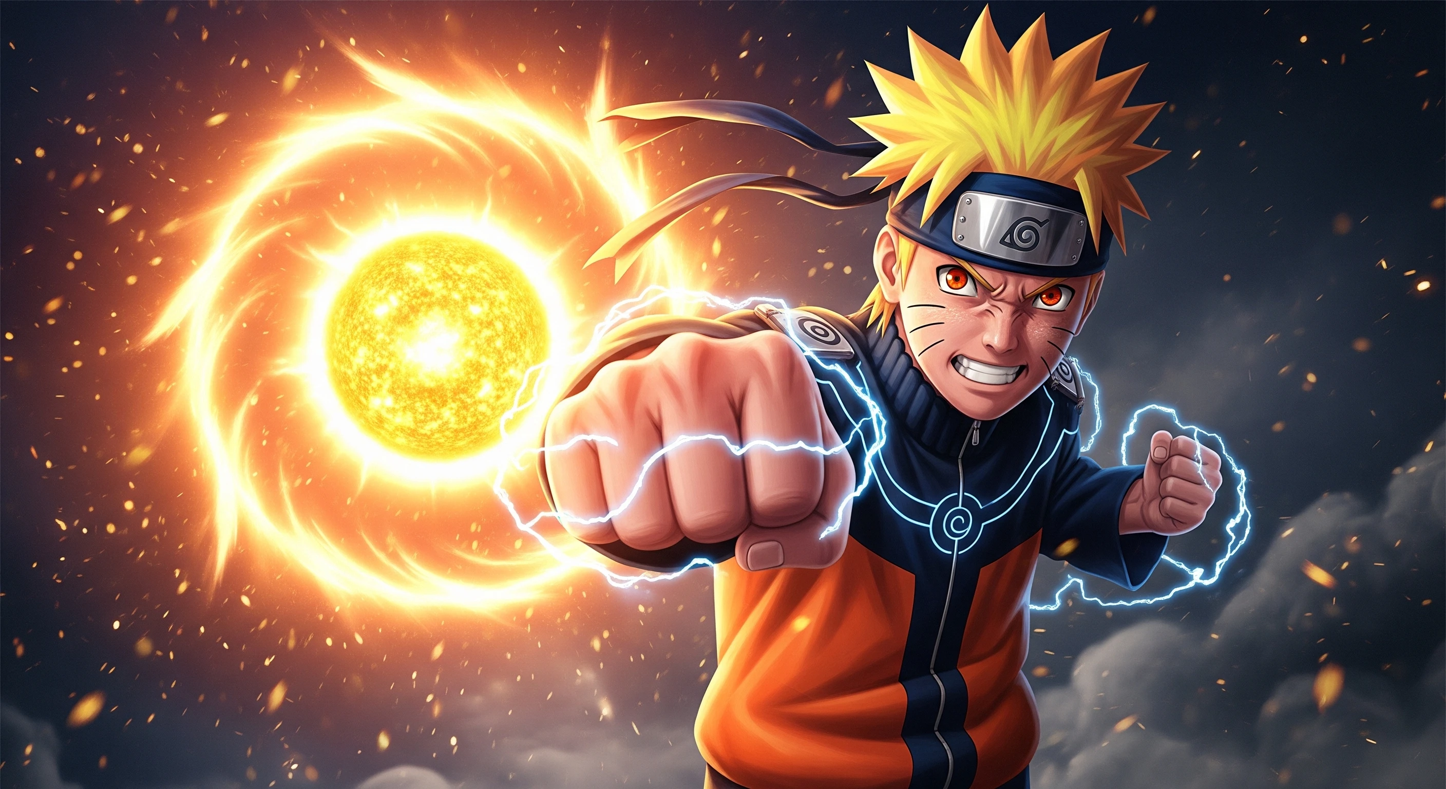 Determined Anime Hero with Fiery Rasengan Energy