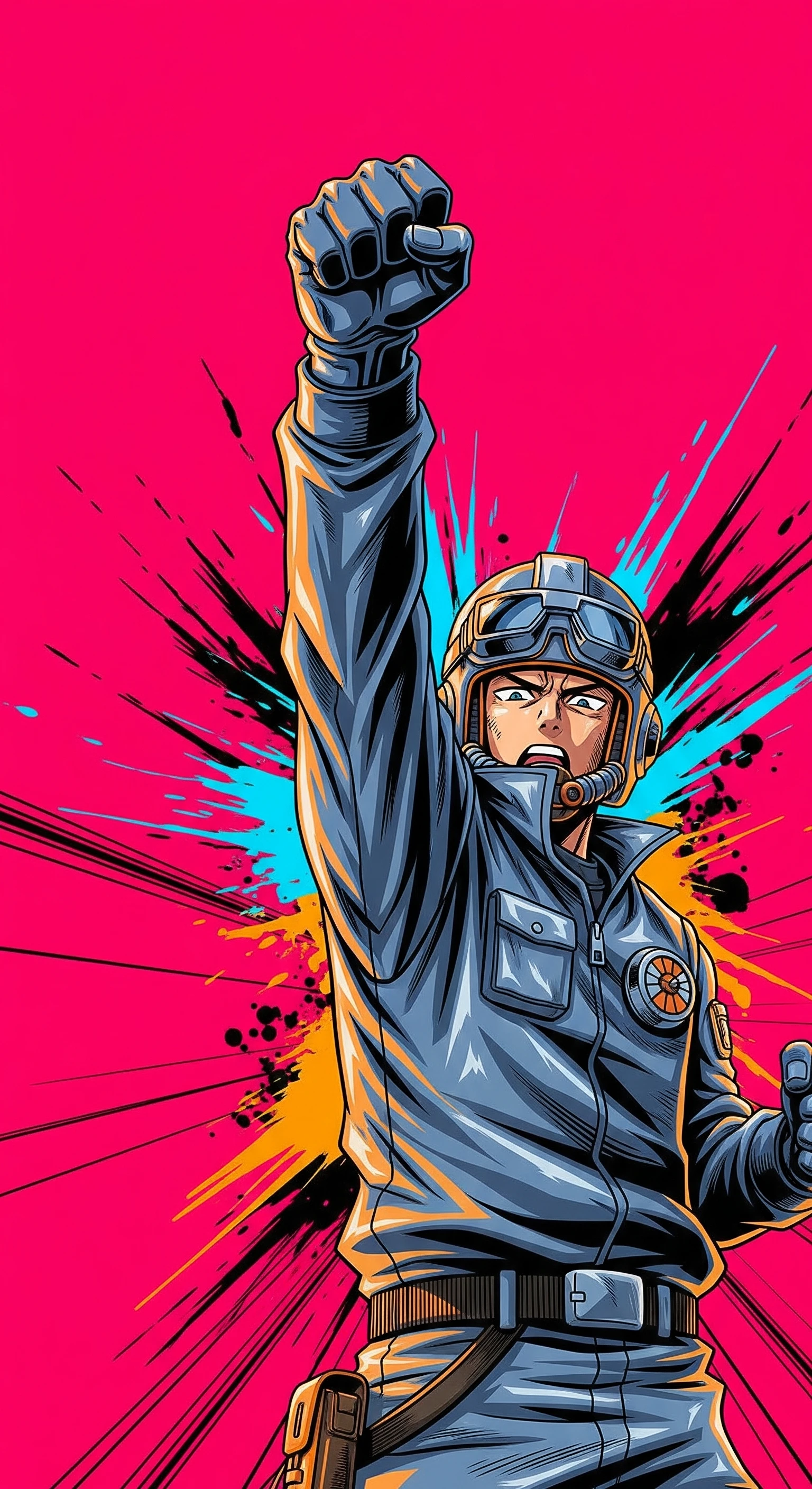 Determined Anime Pilot with Fist Raised on Pink