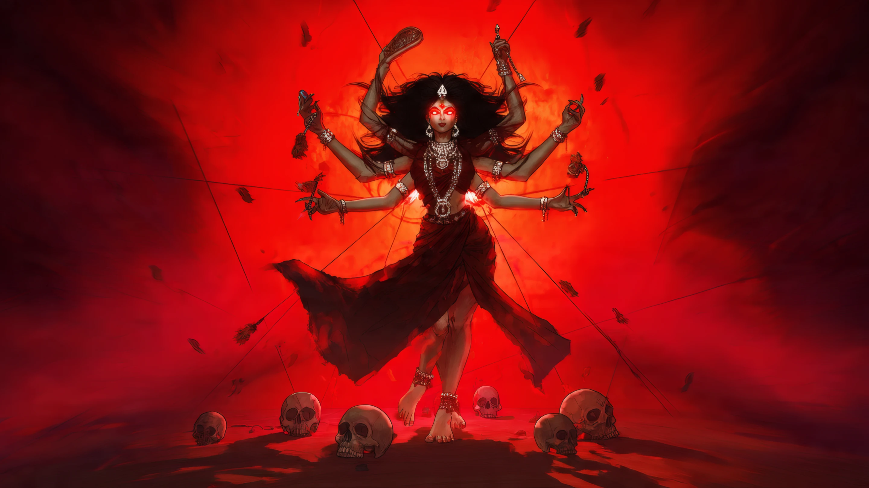 Digital Art of Kali Goddess with Red Eyes and Skulls