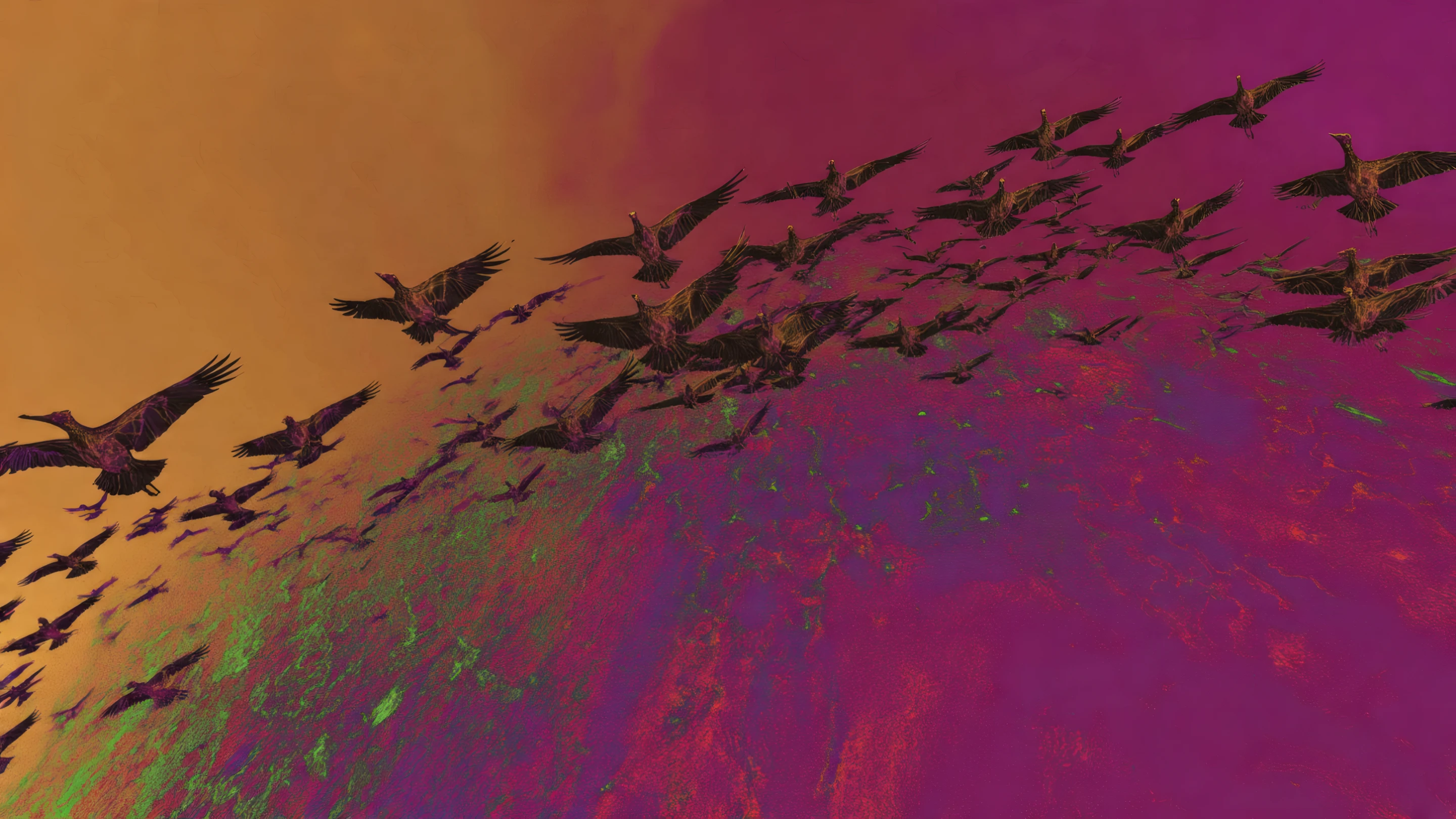 Dramatic Bird Migration at Sunset with Purple Hues