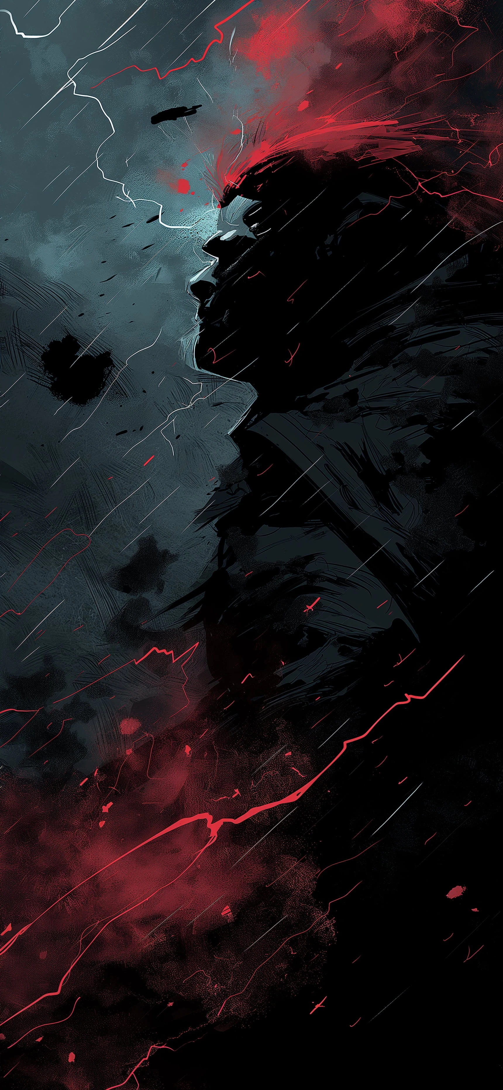 Dramatic Profile Silhouette in Rain with Red Accents