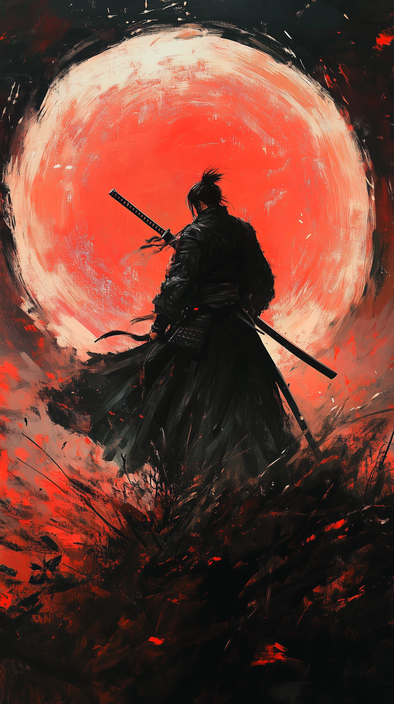Dramatic Samurai Silhouette Against a Red Moon