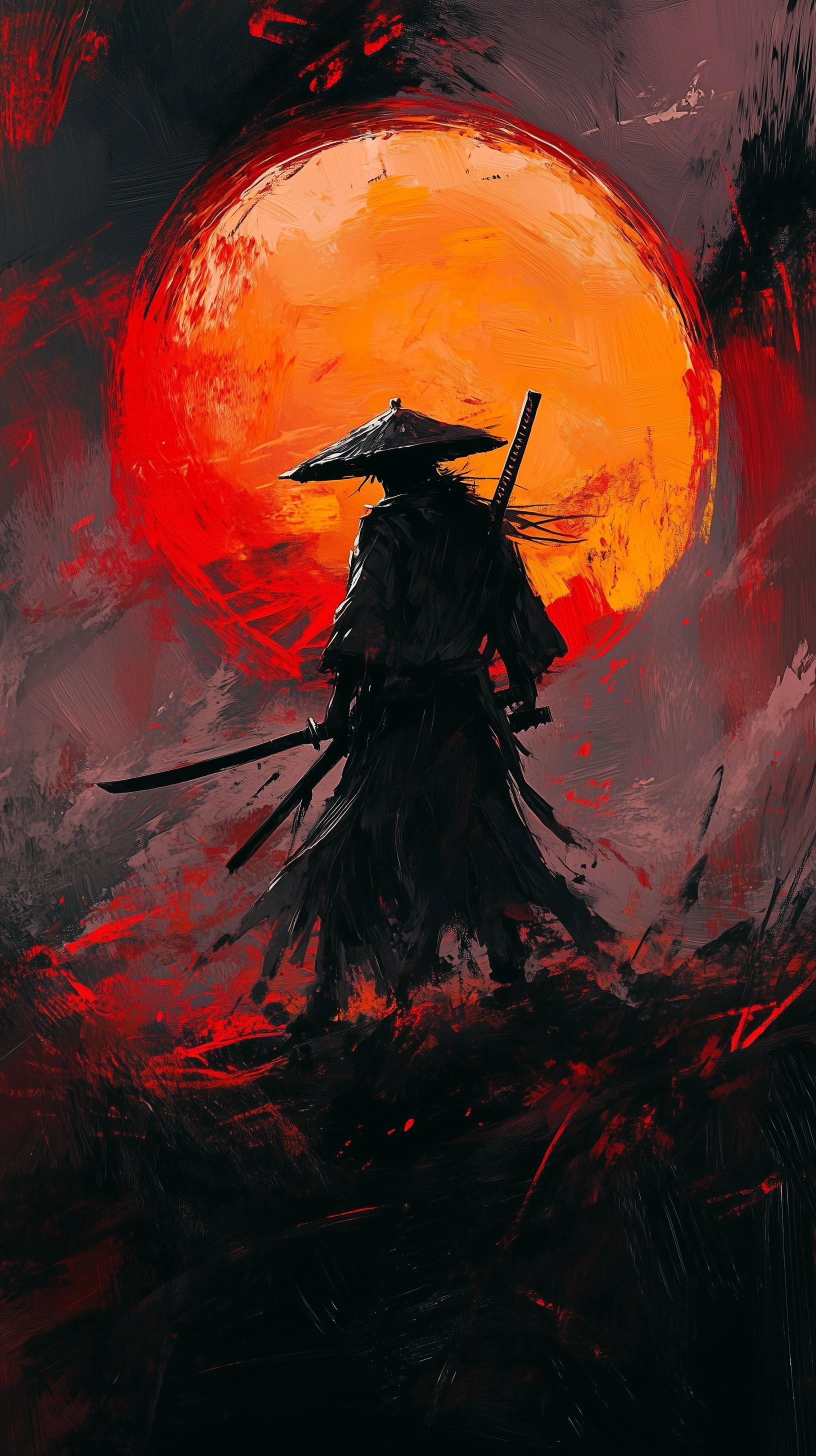 Dramatic Samurai Warrior Silhouette Against Red Moon