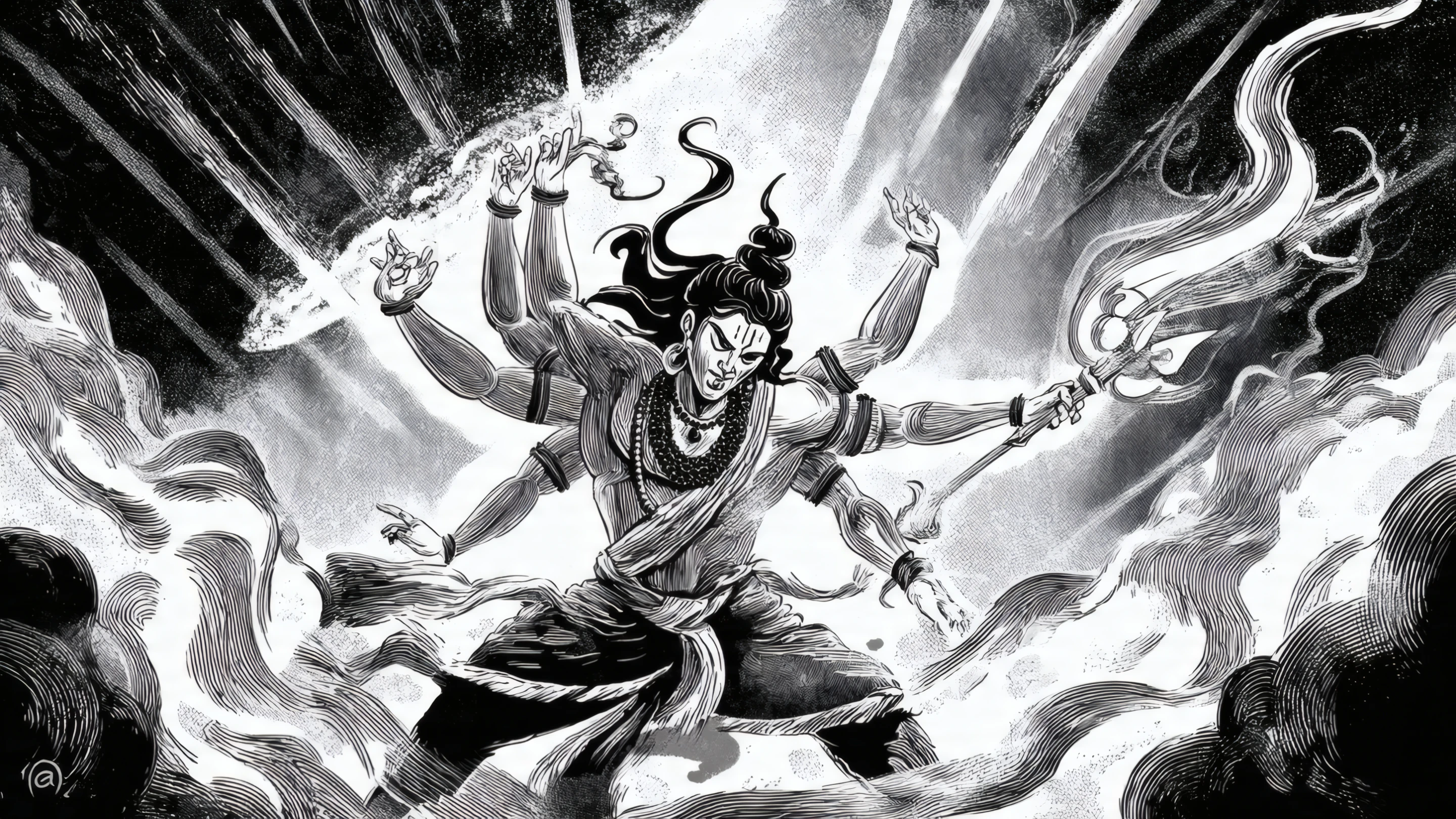 Dramatic Shiva Illustration with Multiple Arms and Trident
