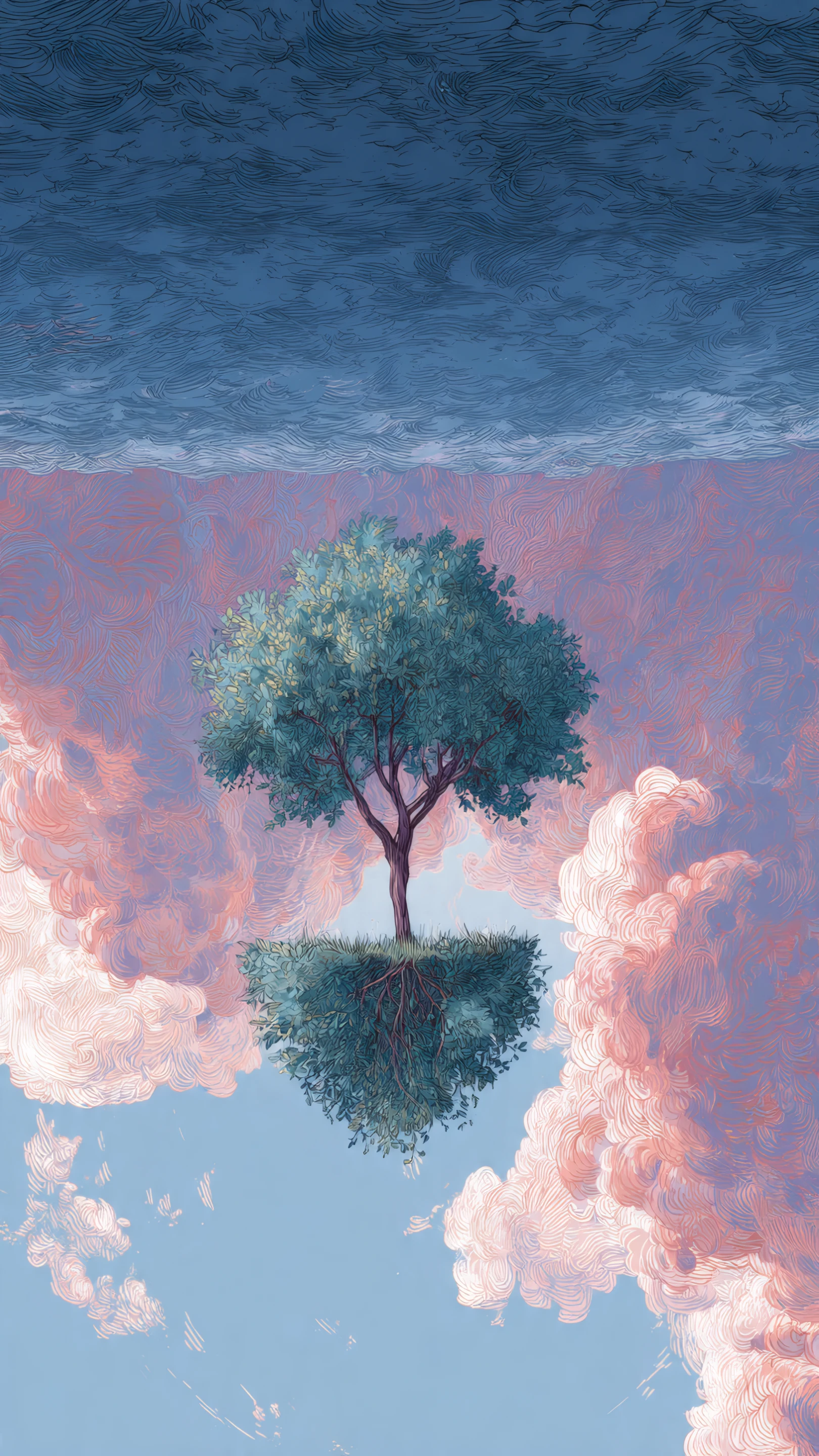 Dreamlike Tree Island in Pink Clouds and Blue Sky