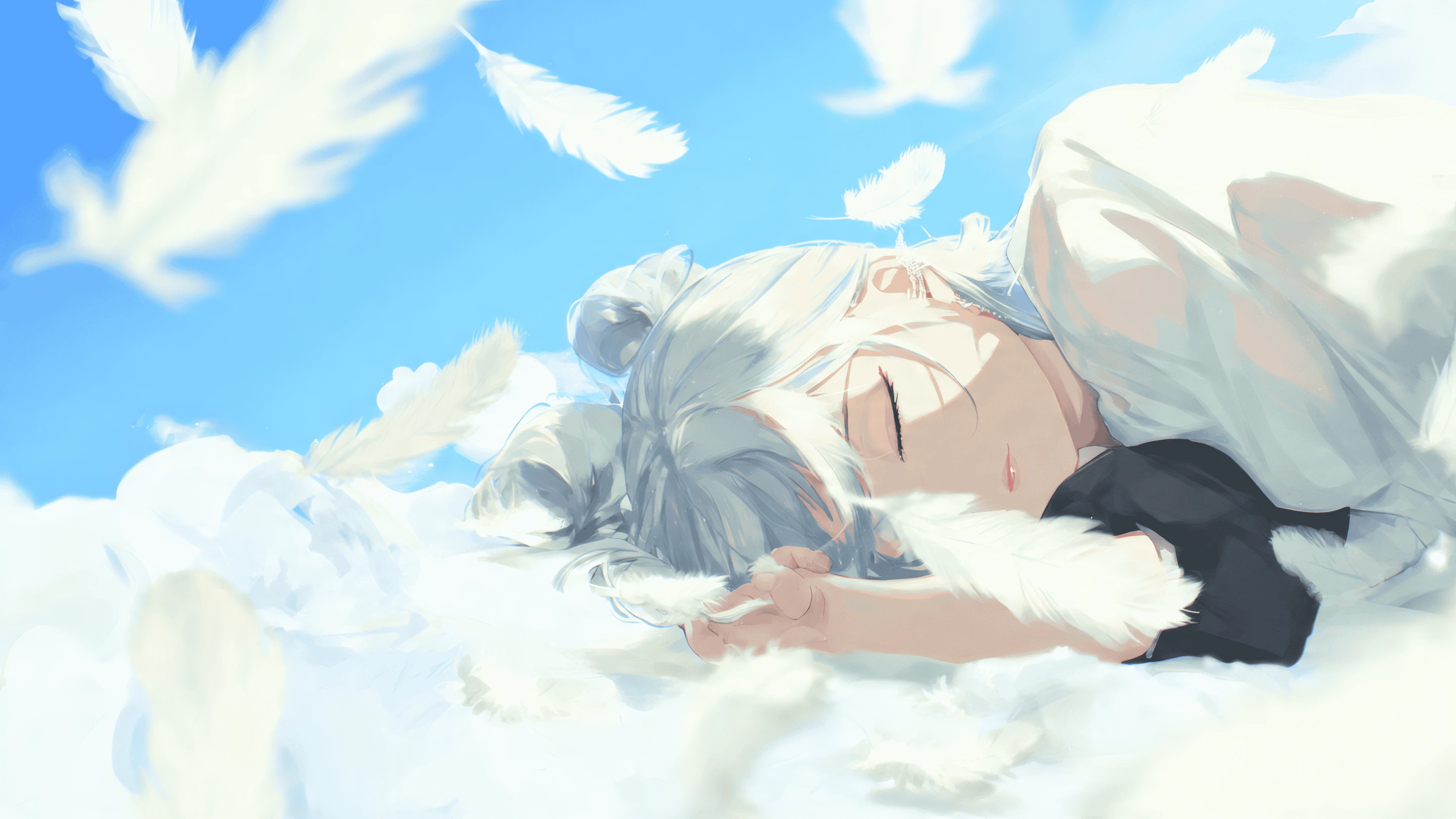 Dreamy Anime Girl Asleep on Clouds with Feathers
