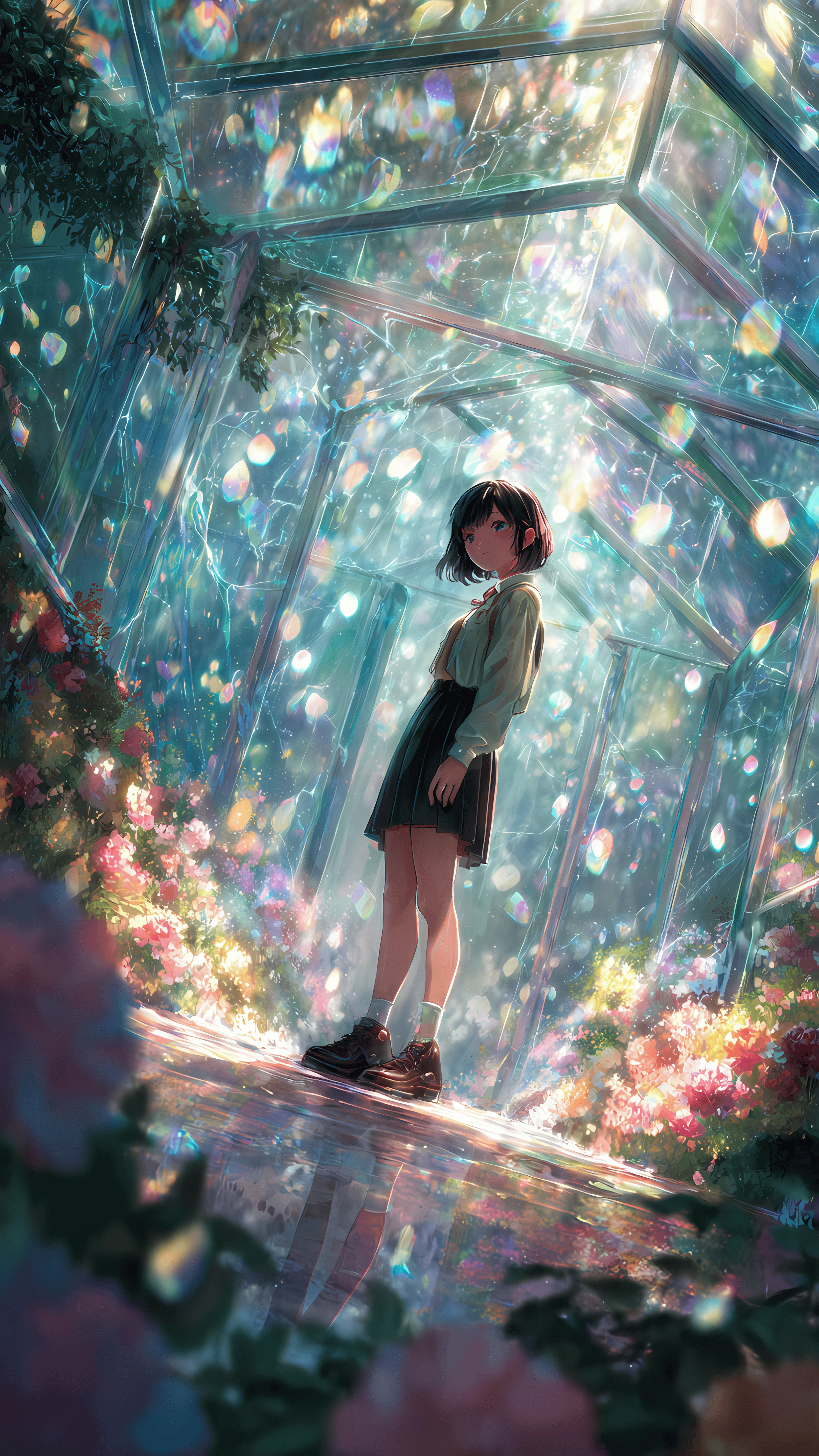 Dreamy Anime Girl in Sparkling Greenhouse Eden