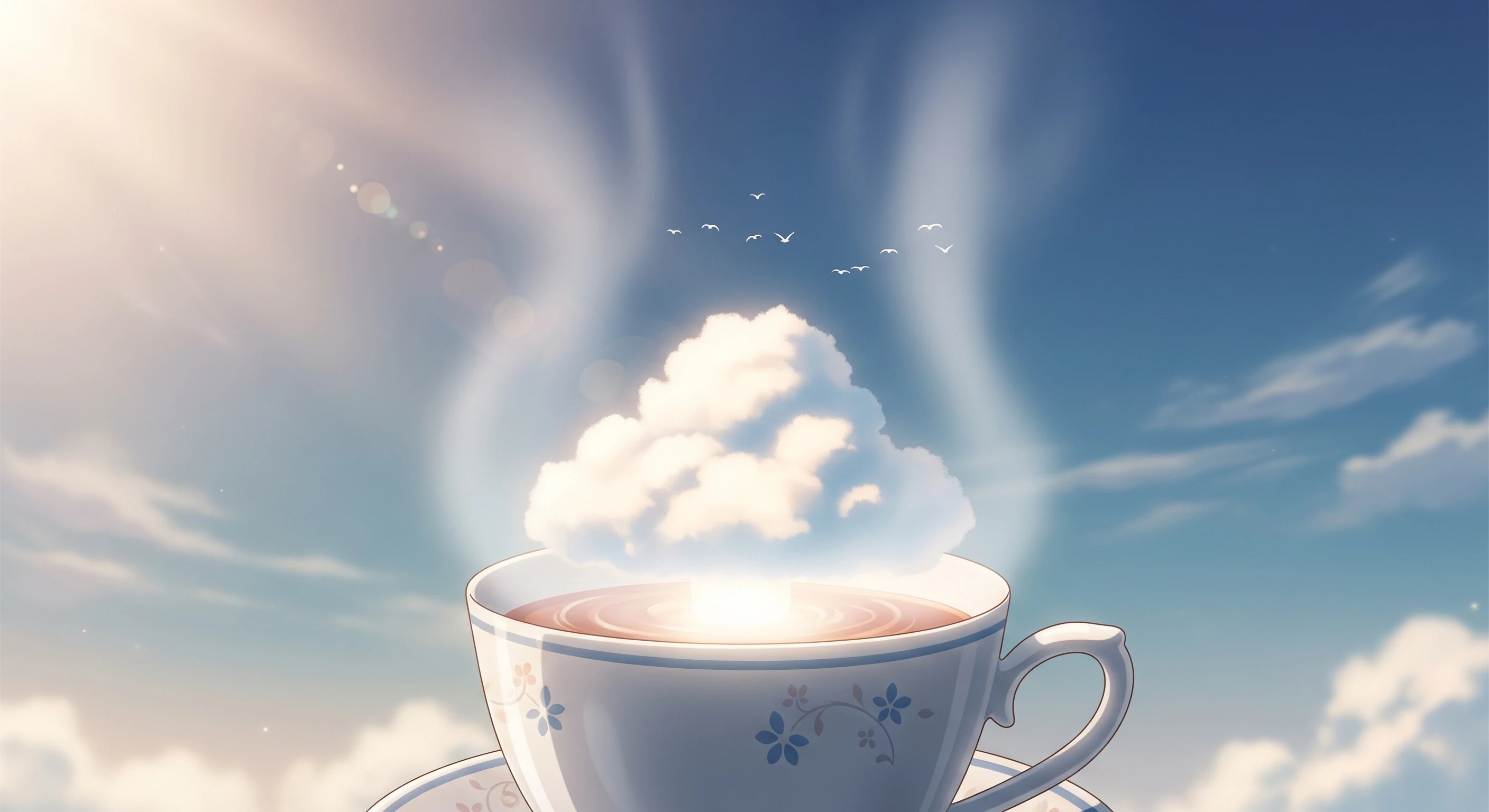 Dreamy Anime Teacup with Cloud and Birds Wallpaper