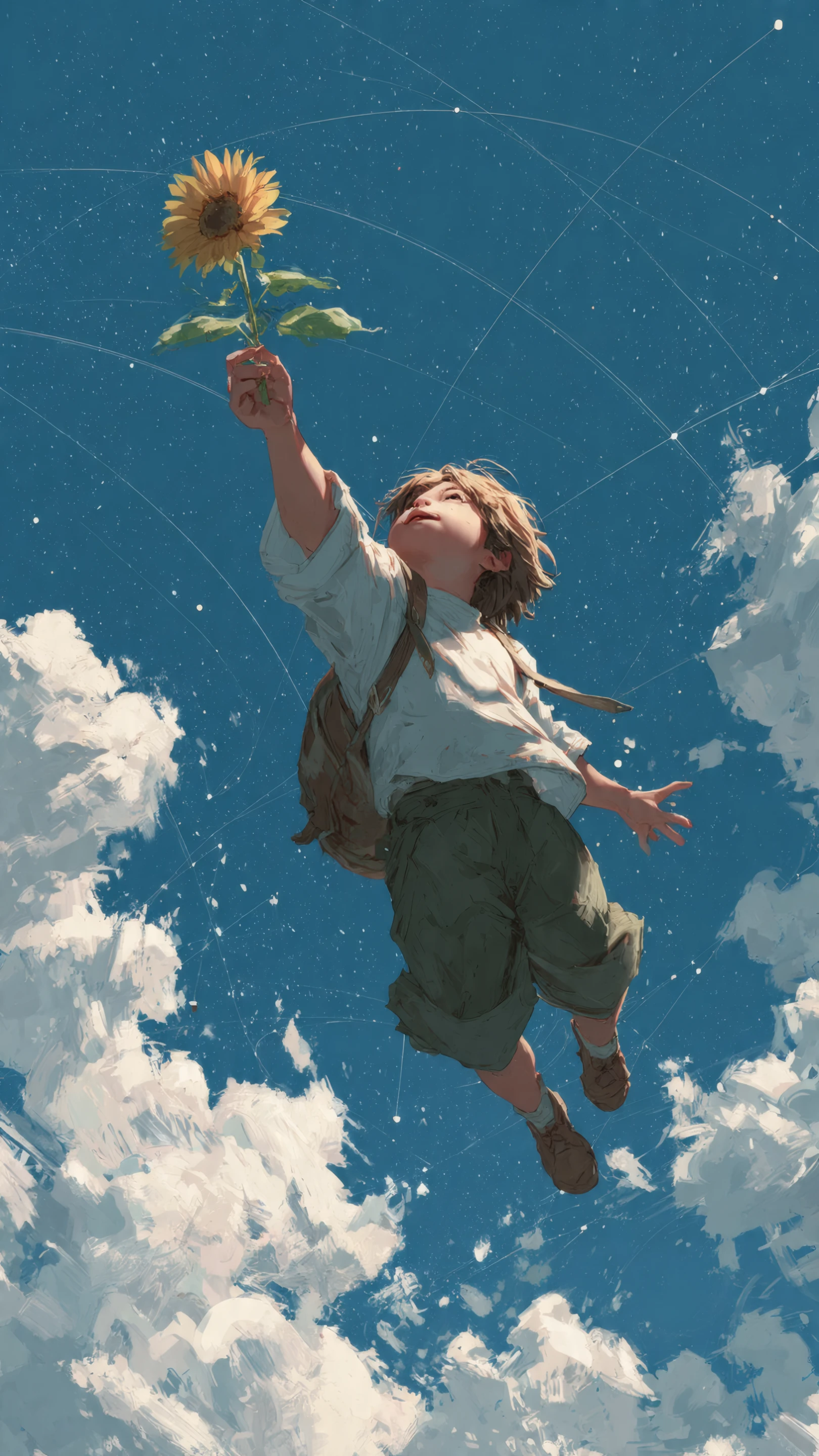 Dreamy Boy Reaching for Sunflower in Starry Sky