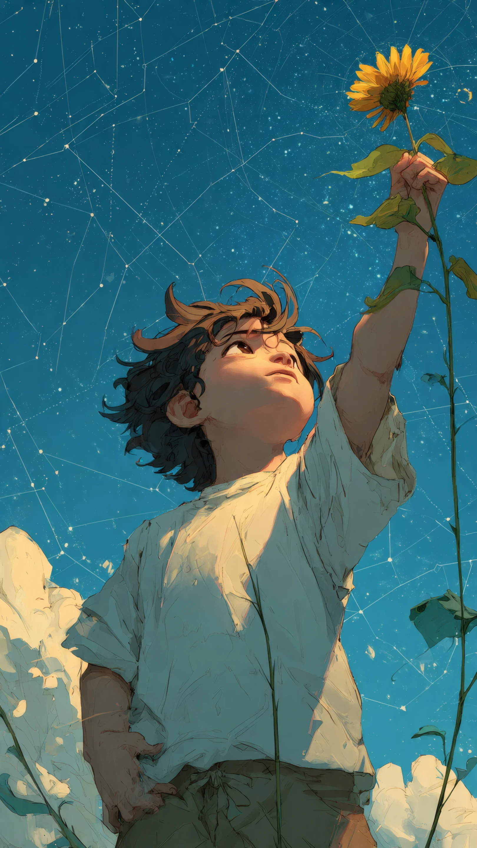 Dreamy Boy Reaching for Sunflower Under Starry Sky