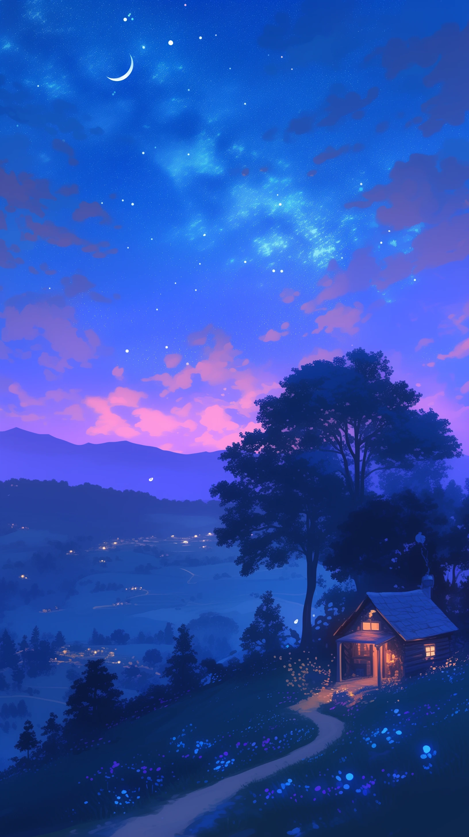 Dreamy Cabin Landscape with Starry Night Sky